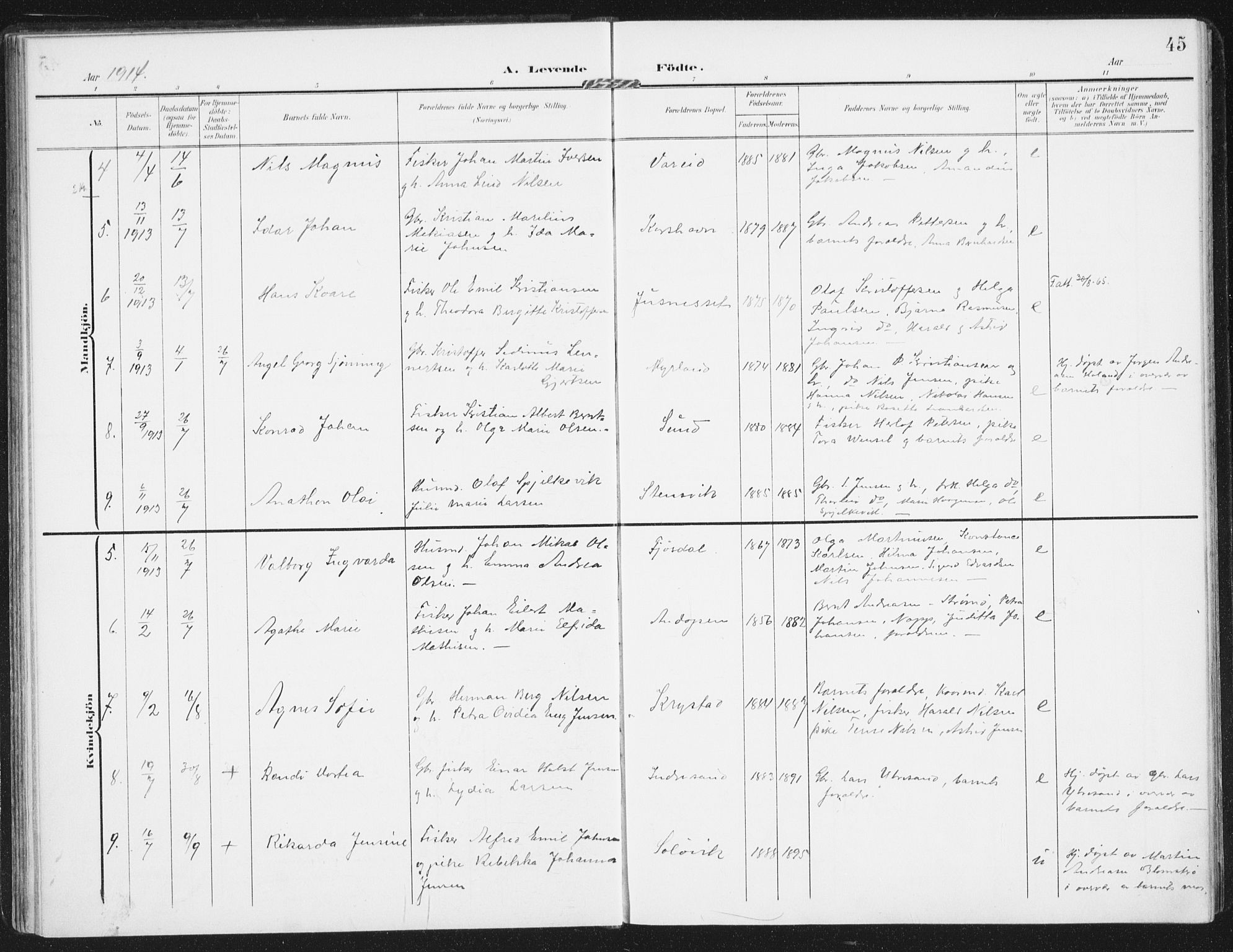 Ministerialprotokoller, klokkerbøker og fødselsregistre - Nordland, AV/SAT-A-1459/885/L1206: Parish register (official) no. 885A07, 1905-1915, p. 45