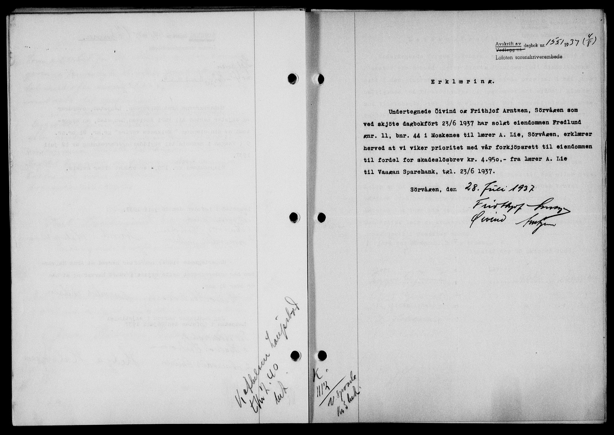 Lofoten sorenskriveri, SAT/A-0017/1/2/2C/L0002a: Mortgage book no. 2a, 1937-1937, Diary no: : 1551/1937