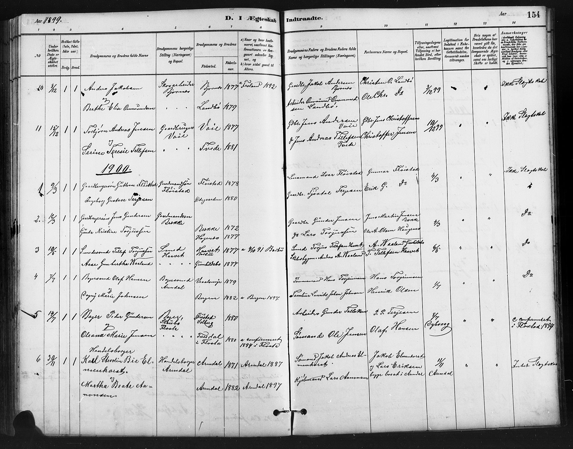 Austre Moland sokneprestkontor, AV/SAK-1111-0001/F/Fb/Fba/L0003: Parish register (copy) no. B 3, 1879-1914, p. 154