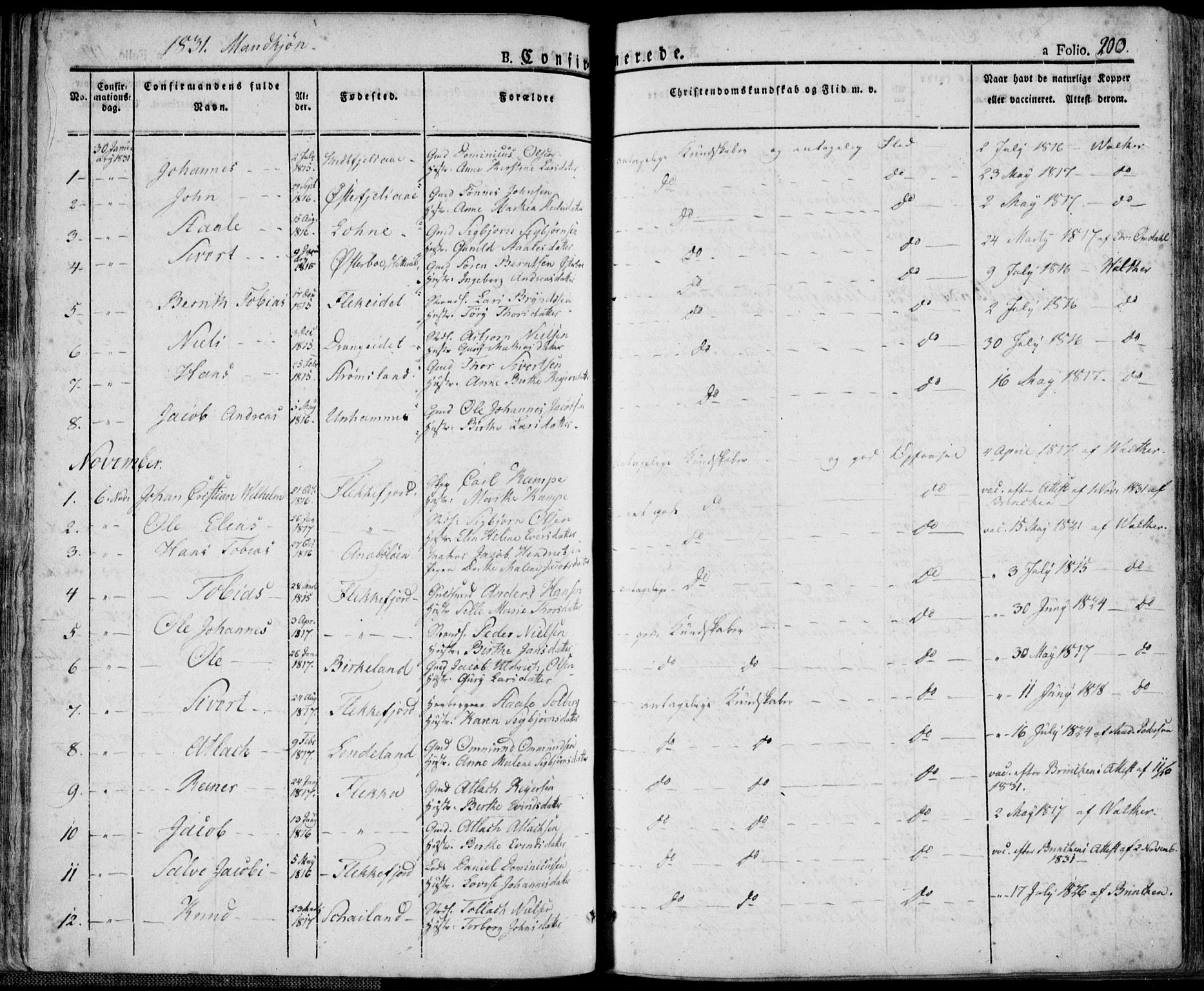 Flekkefjord sokneprestkontor, SAK/1111-0012/F/Fa/Fac/L0003: Parish register (official) no. A 3, 1826-1841, p. 200