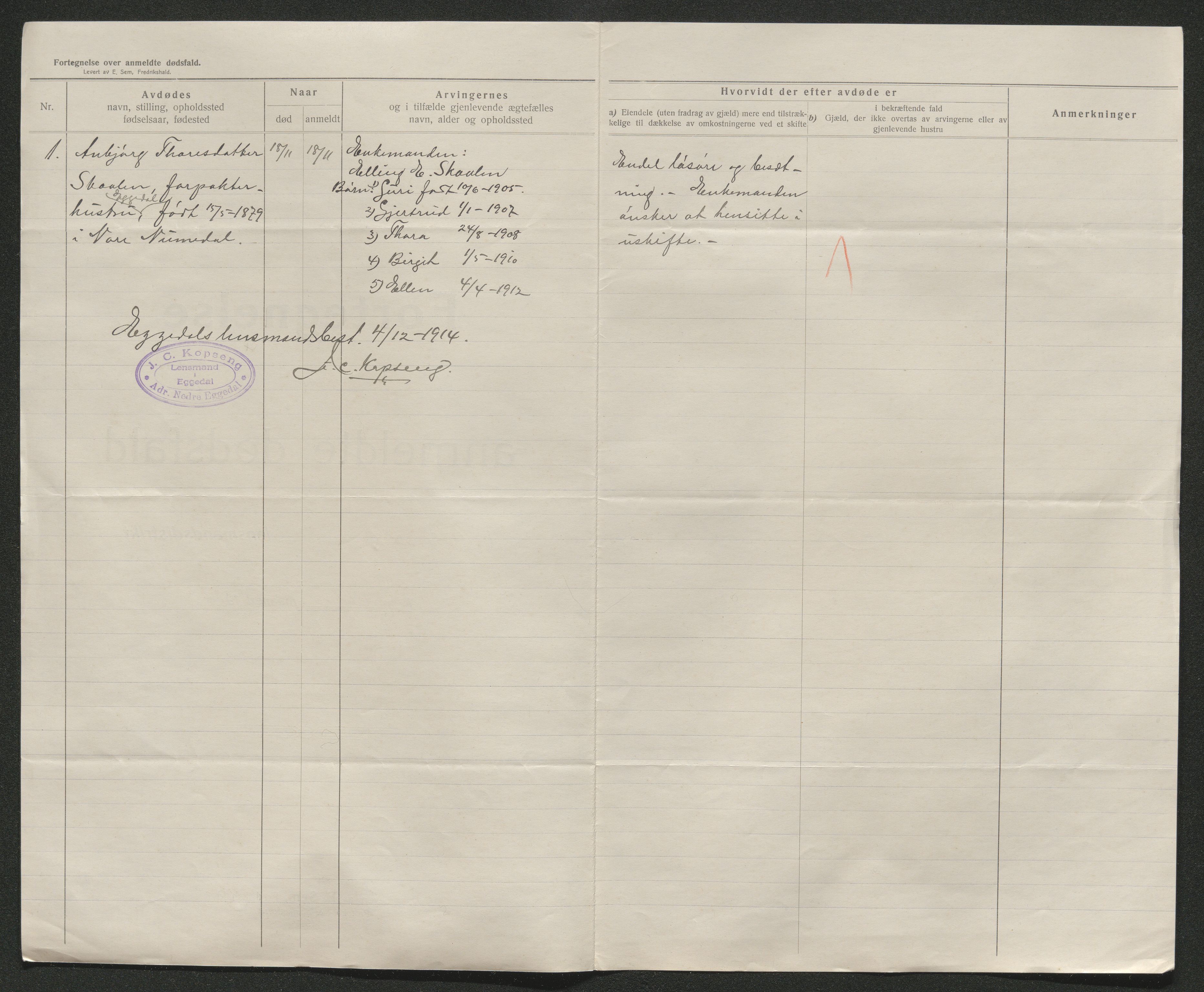 Eiker, Modum og Sigdal sorenskriveri, AV/SAKO-A-123/H/Ha/Hab/L0037: Dødsfallsmeldinger, 1914-1915, p. 570