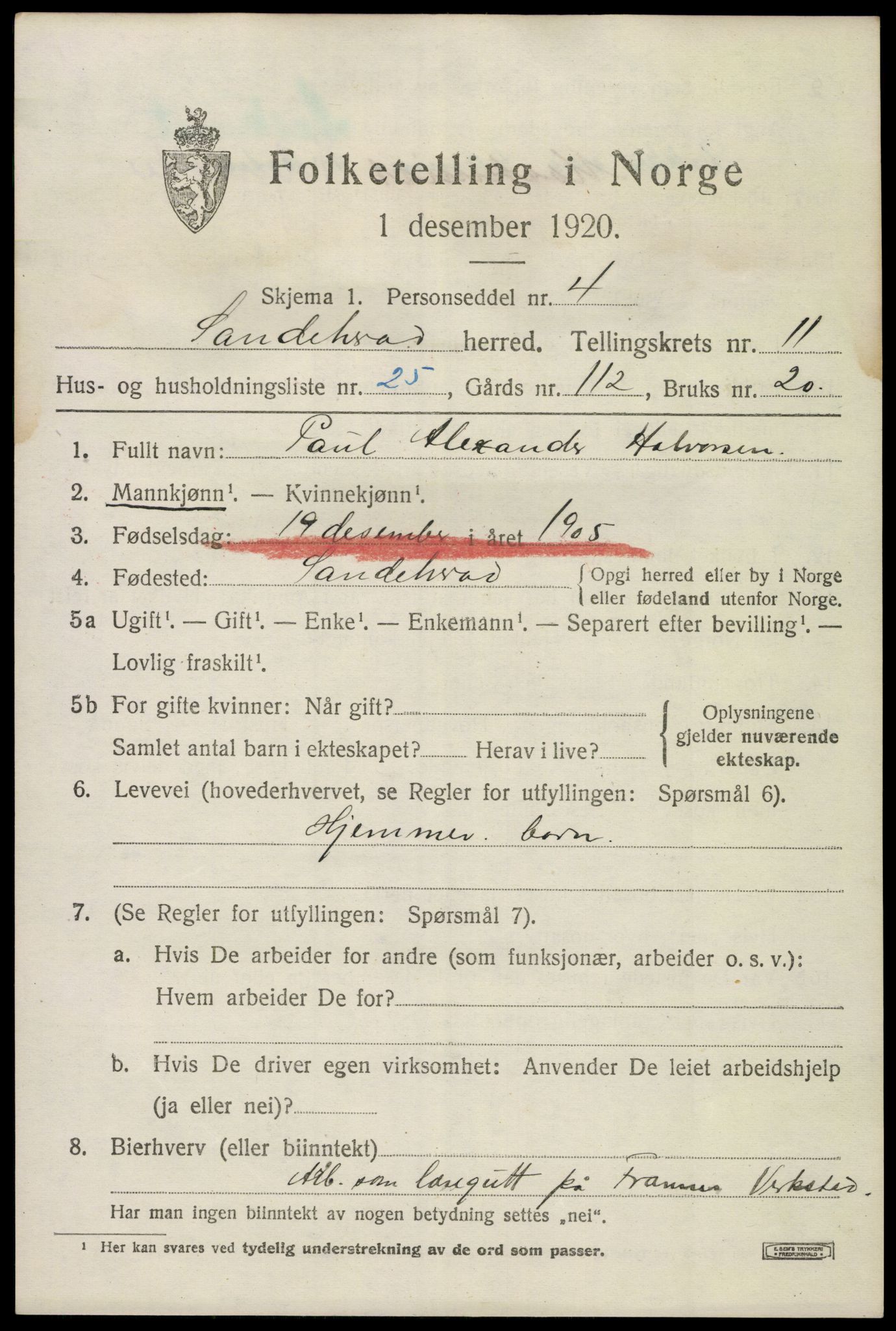 SAKO, 1920 census for Sandeherred, 1920, p. 15906