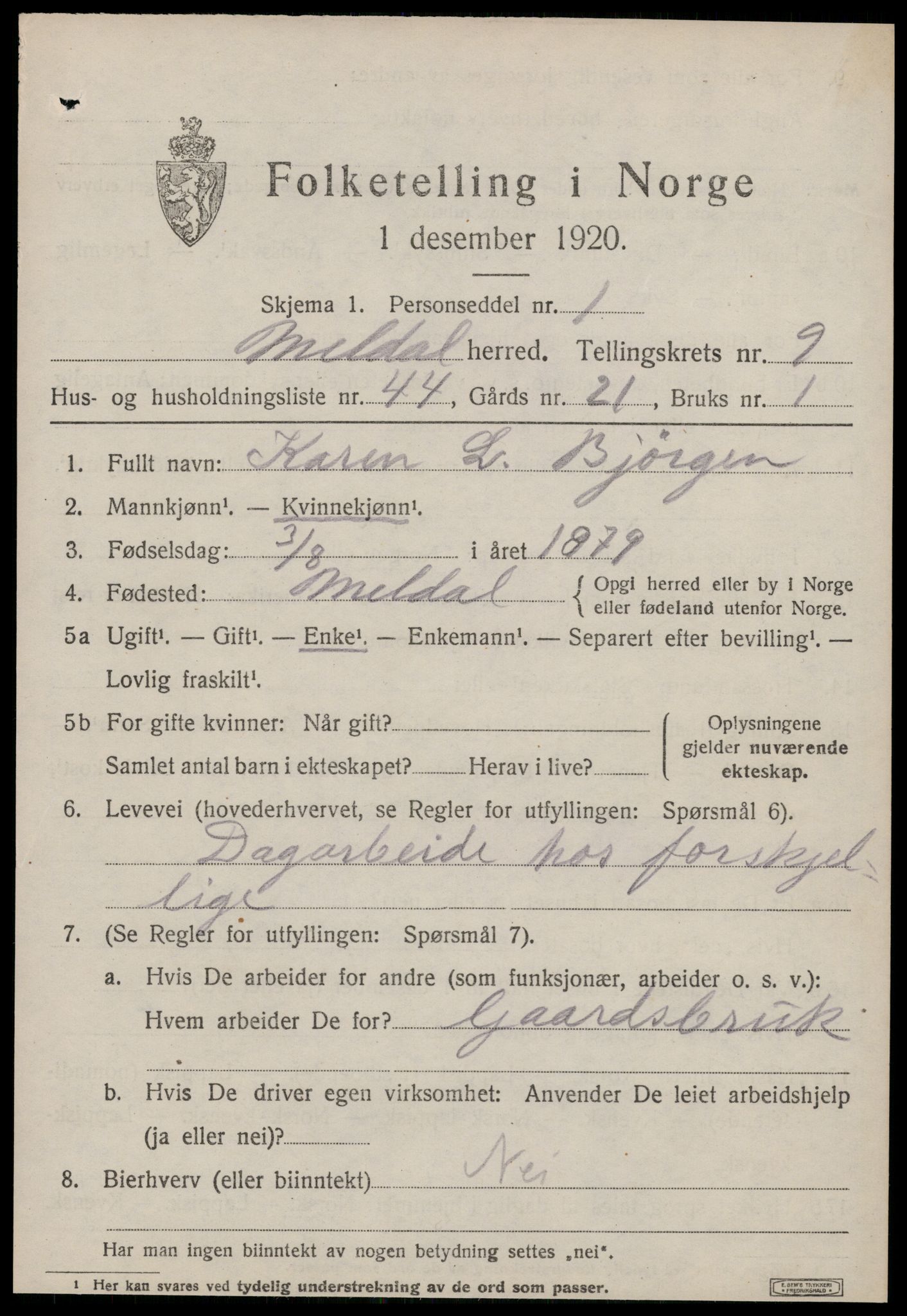 SAT, 1920 census for Meldal, 1920, p. 8197