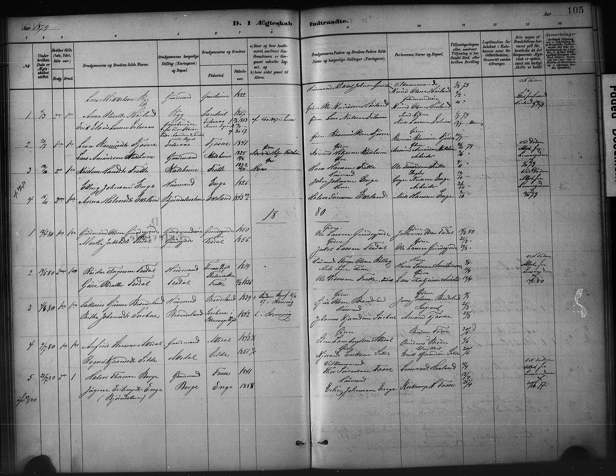 Etne sokneprestembete, SAB/A-75001/H/Hab: Parish register (copy) no. A 5, 1879-1896, p. 105