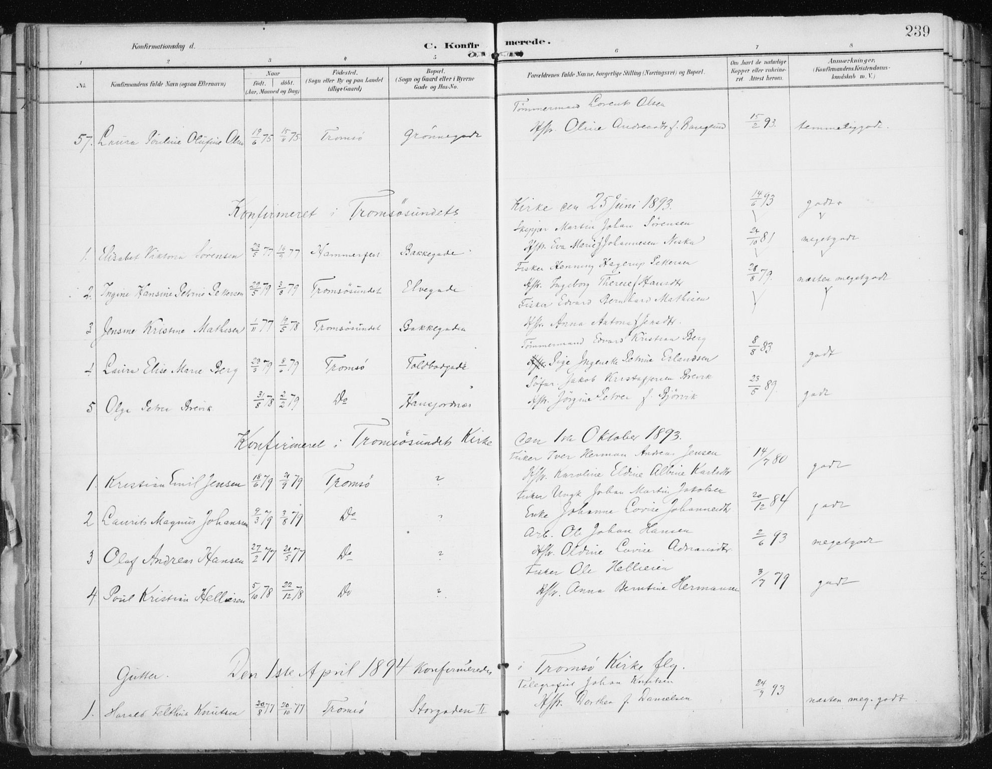 Tromsø sokneprestkontor/stiftsprosti/domprosti, AV/SATØ-S-1343/G/Ga/L0015kirke: Parish register (official) no. 15, 1889-1899, p. 239