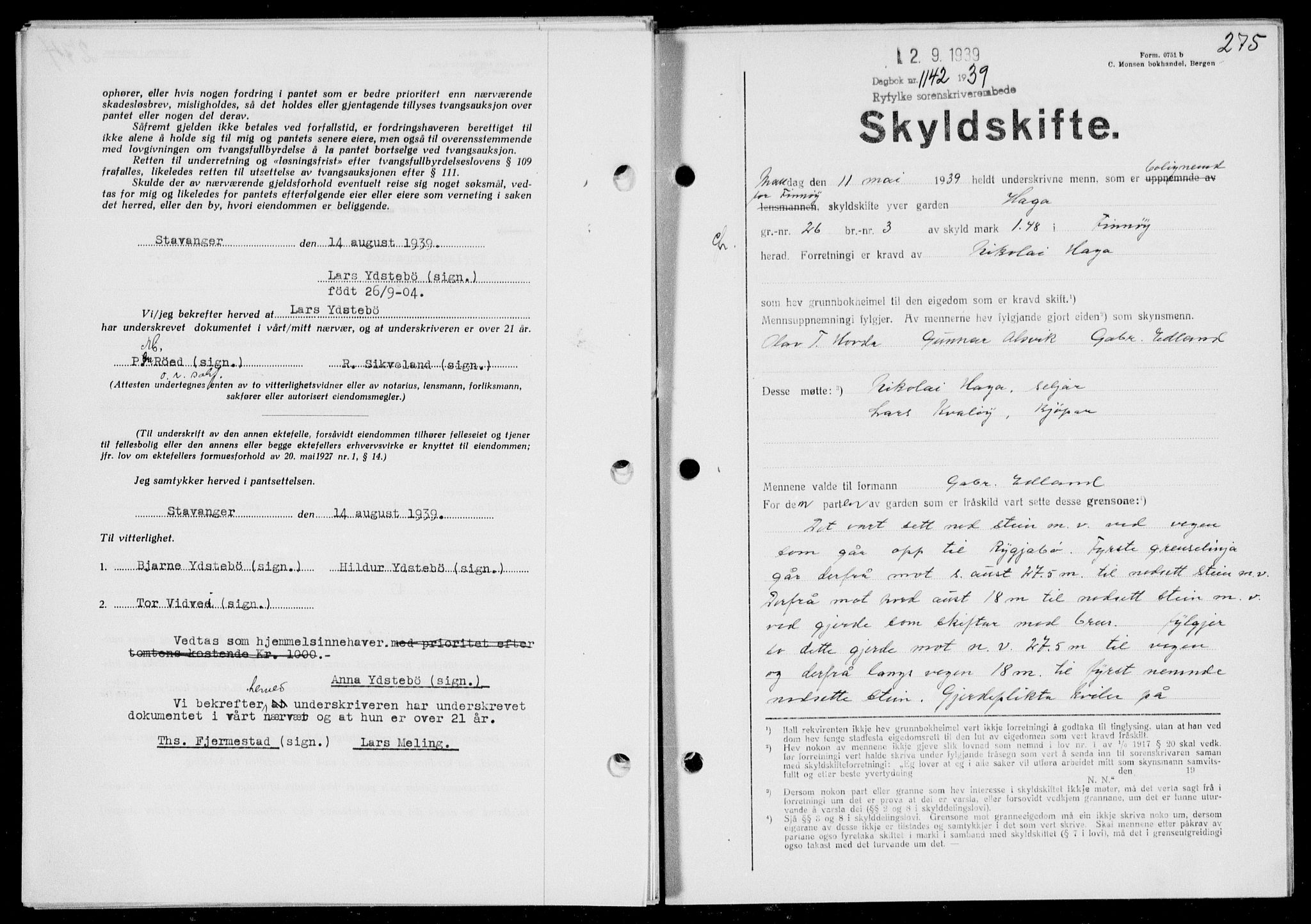 Ryfylke tingrett, SAST/A-100055/001/II/IIB/L0080: Mortgage book no. 59, 1939-1939, Diary no: : 1142/1939