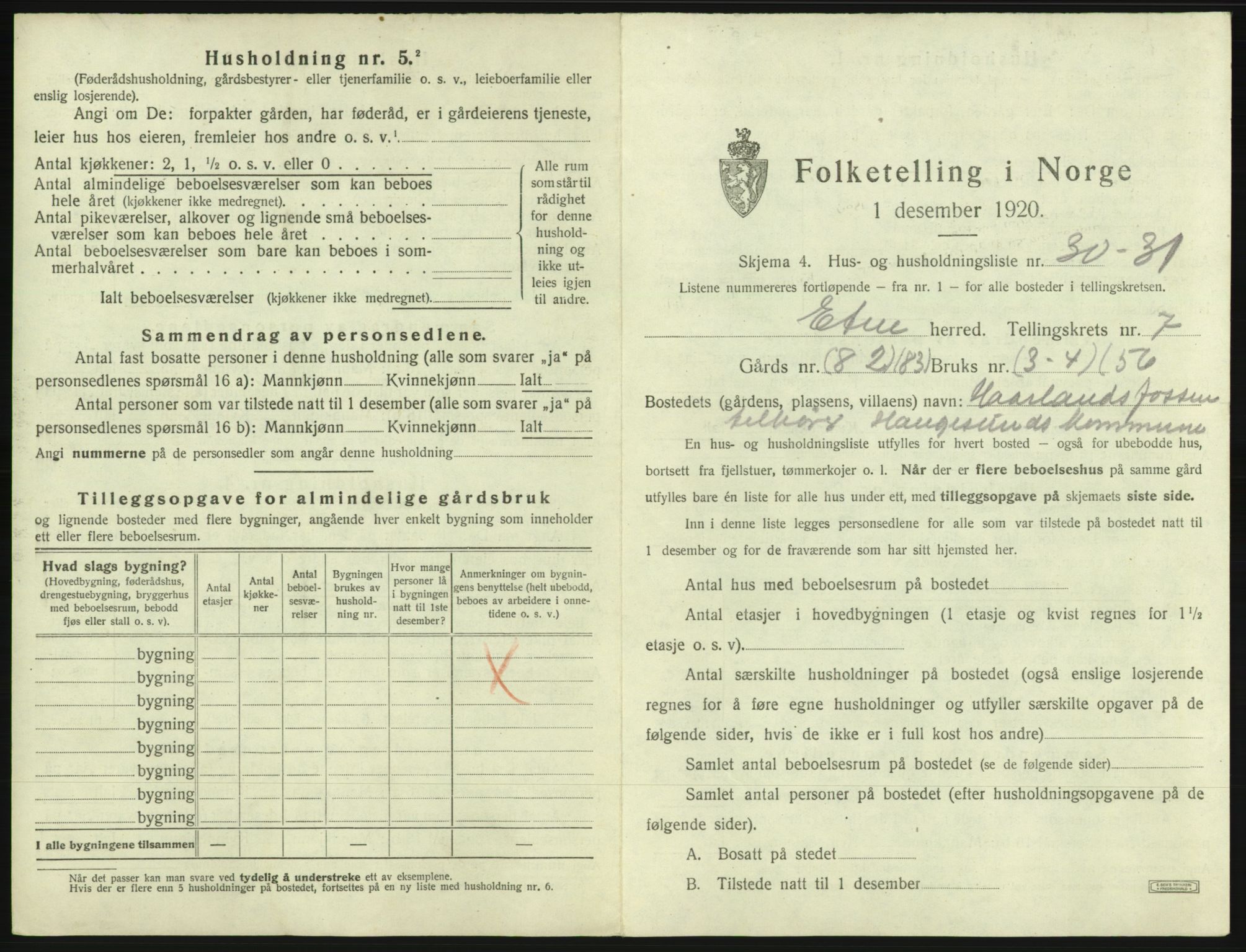 SAB, 1920 census for Etne, 1920, p. 579