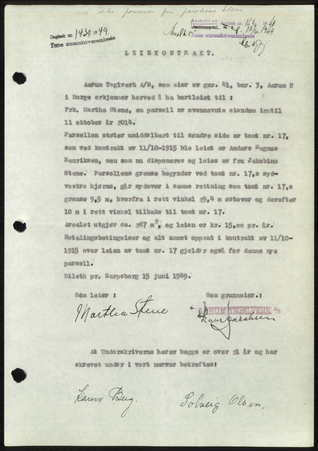 Tune sorenskriveri, AV/SAO-A-10470/G/Gb/Gbg/Gbga/L0004: Mortgage book no. A16-20, 1948-1950, Diary no: : 1430/1949