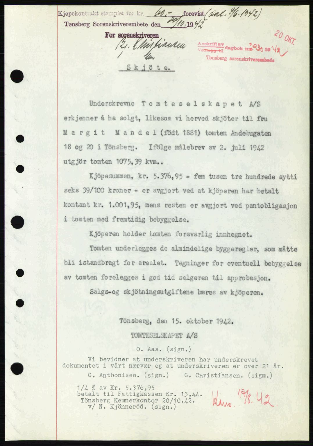 Tønsberg sorenskriveri, AV/SAKO-A-130/G/Ga/Gaa/L0012: Mortgage book no. A12, 1942-1943, Diary no: : 2930/1942