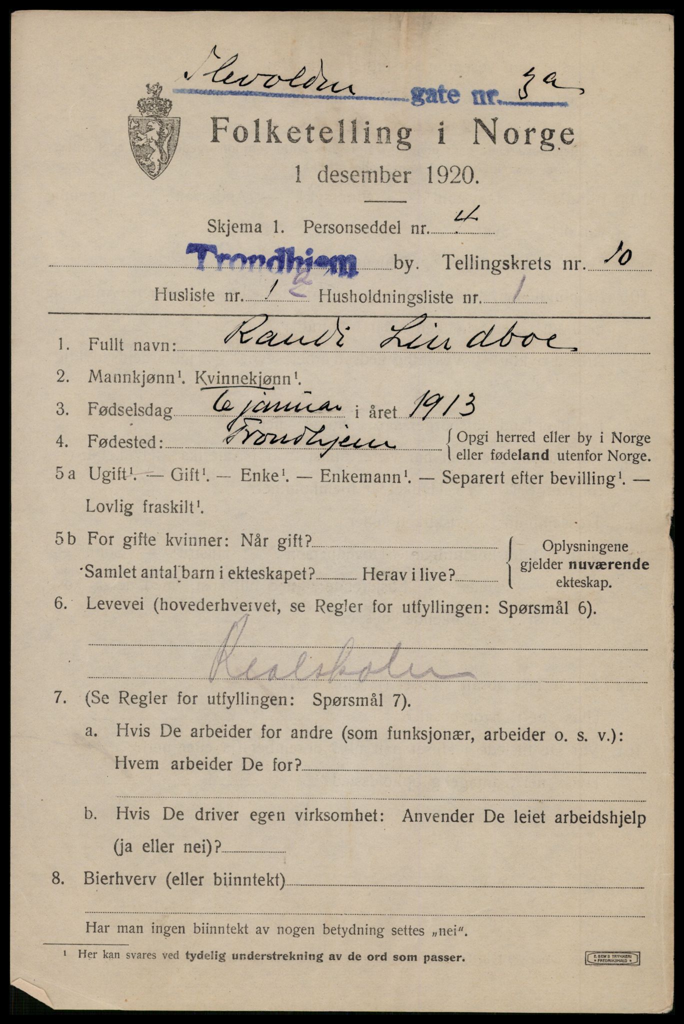 SAT, 1920 census for Trondheim, 1920, p. 44848