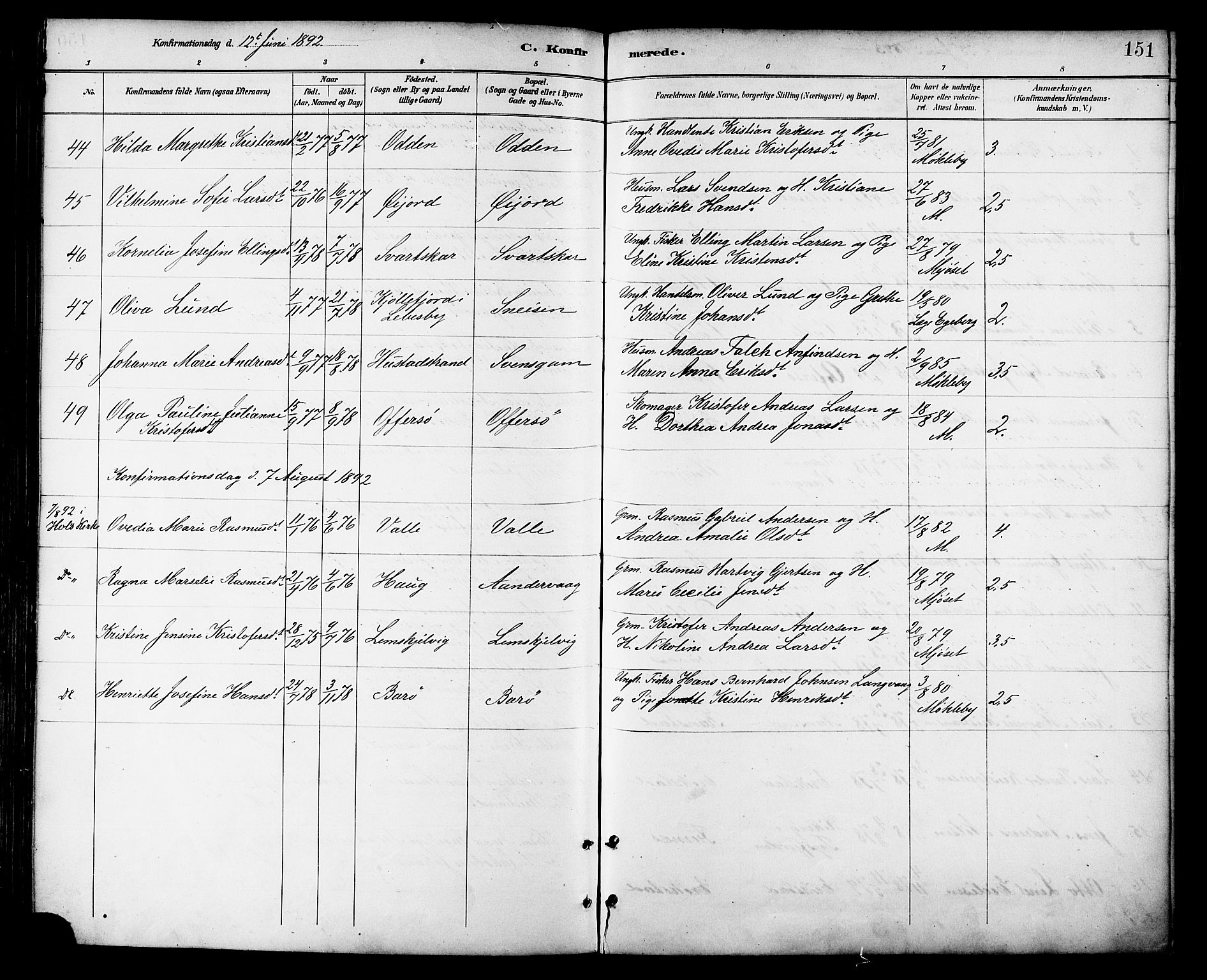 Ministerialprotokoller, klokkerbøker og fødselsregistre - Nordland, AV/SAT-A-1459/872/L1035: Parish register (official) no. 872A10, 1884-1896, p. 151