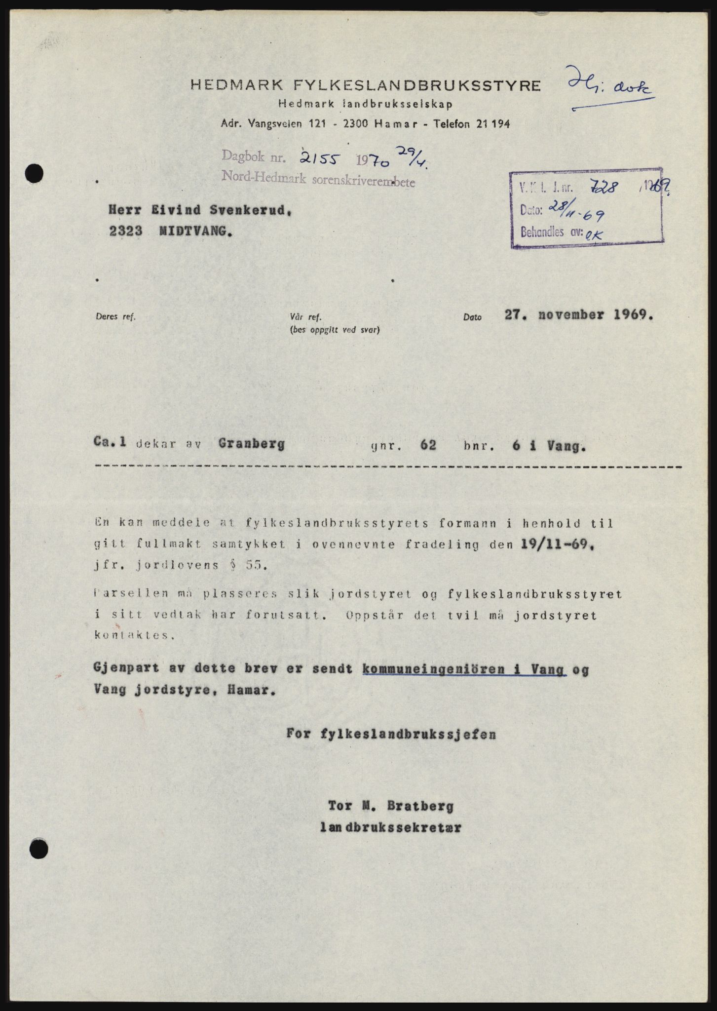 Nord-Hedmark sorenskriveri, SAH/TING-012/H/Hc/L0033: Mortgage book no. 33, 1970-1970, Diary no: : 2155/1970