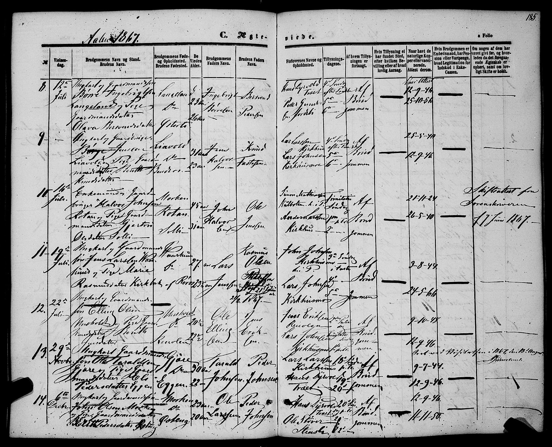 Ministerialprotokoller, klokkerbøker og fødselsregistre - Sør-Trøndelag, SAT/A-1456/685/L0968: Parish register (official) no. 685A07 /3, 1860-1869, p. 185