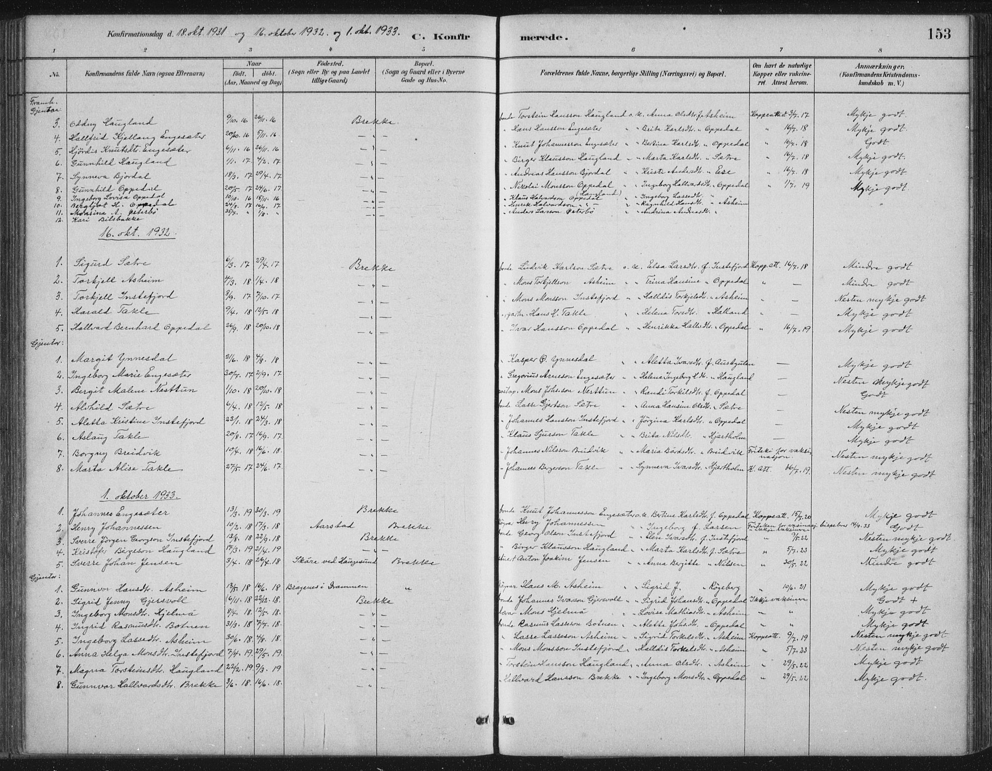Gulen sokneprestembete, SAB/A-80201/H/Hab/Habc/L0002: Parish register (copy) no. C 2, 1880-1938, p. 153