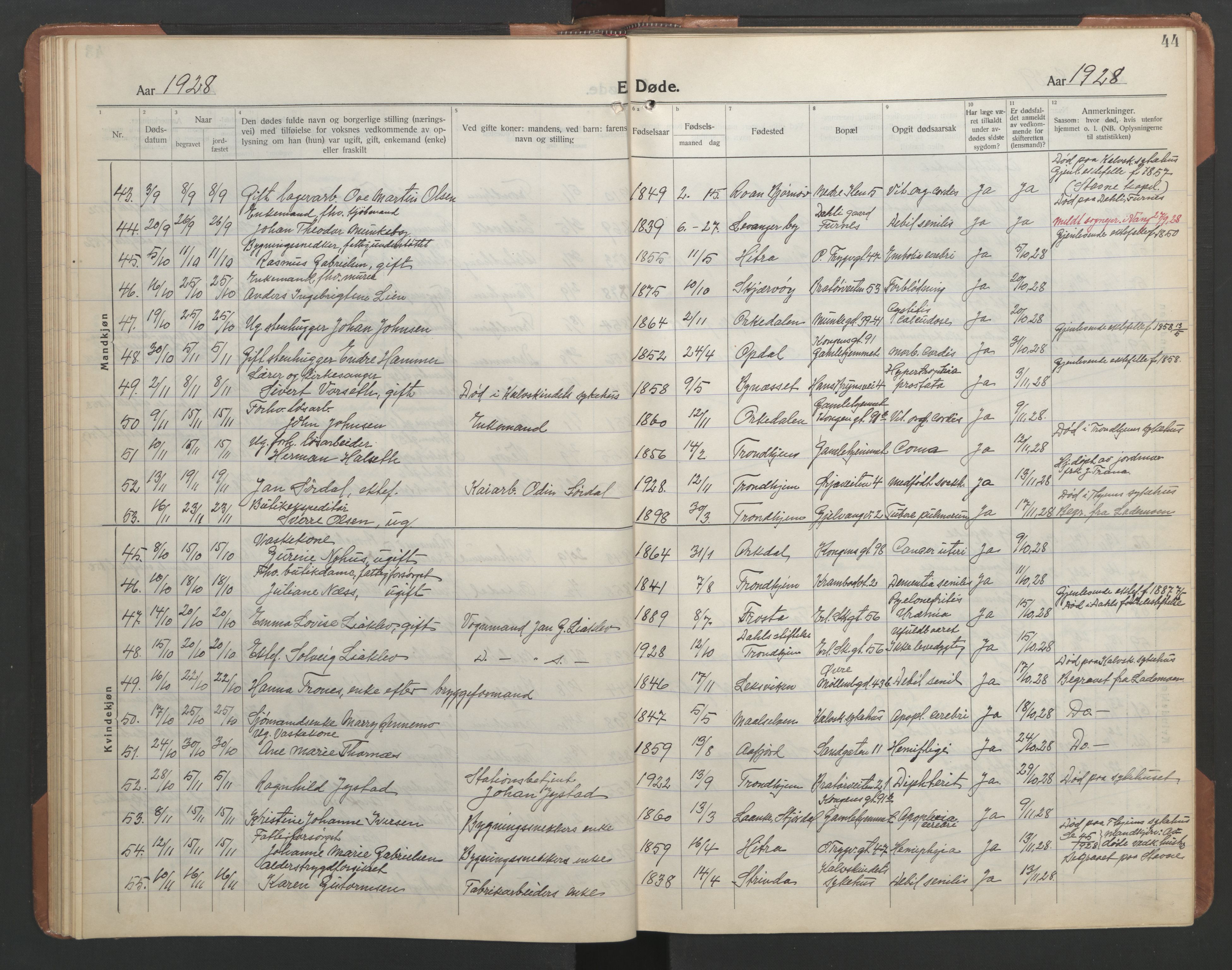Ministerialprotokoller, klokkerbøker og fødselsregistre - Sør-Trøndelag, SAT/A-1456/602/L0150: Parish register (copy) no. 602C18, 1922-1949, p. 44