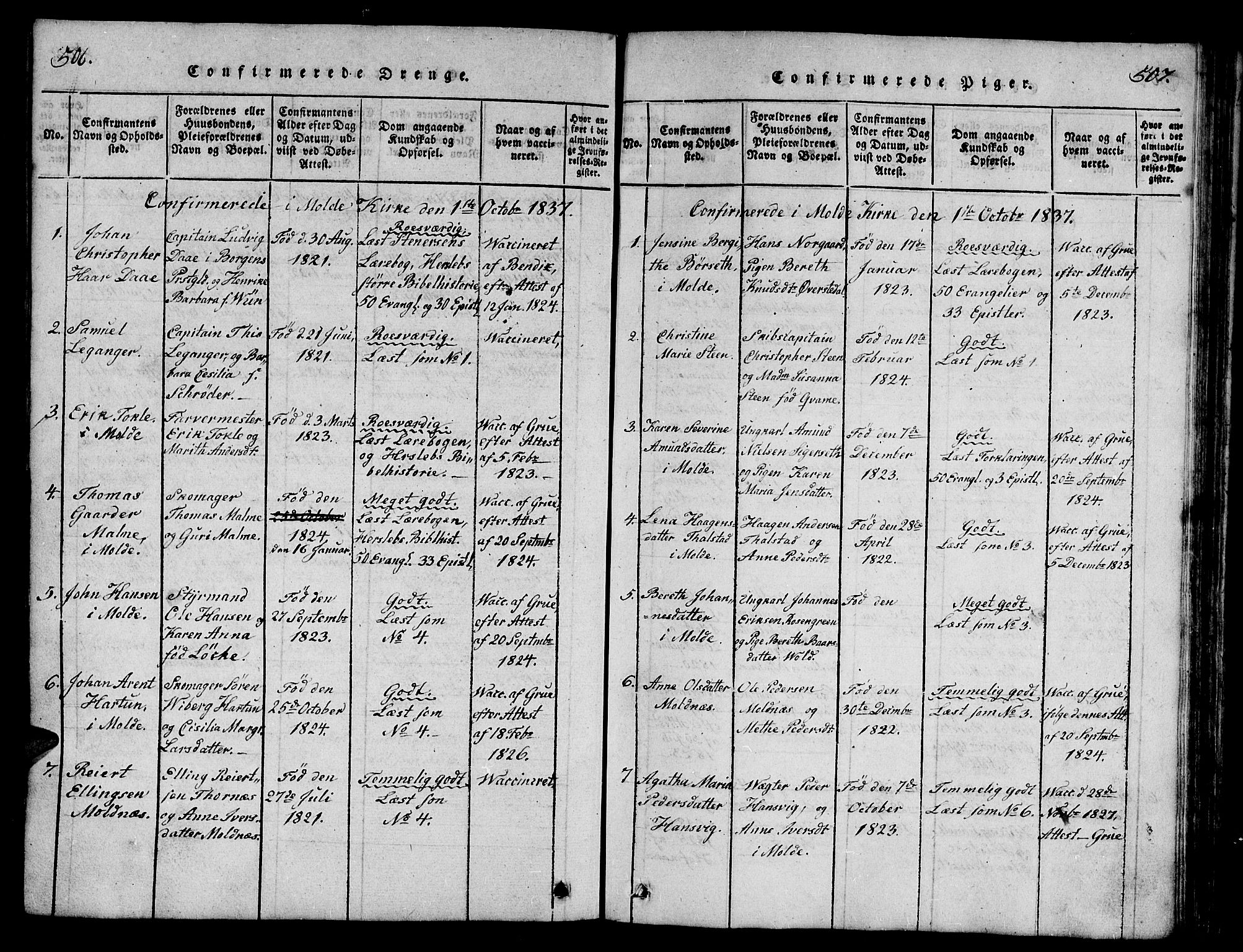 Ministerialprotokoller, klokkerbøker og fødselsregistre - Møre og Romsdal, SAT/A-1454/558/L0700: Parish register (copy) no. 558C01, 1818-1868, p. 506-507