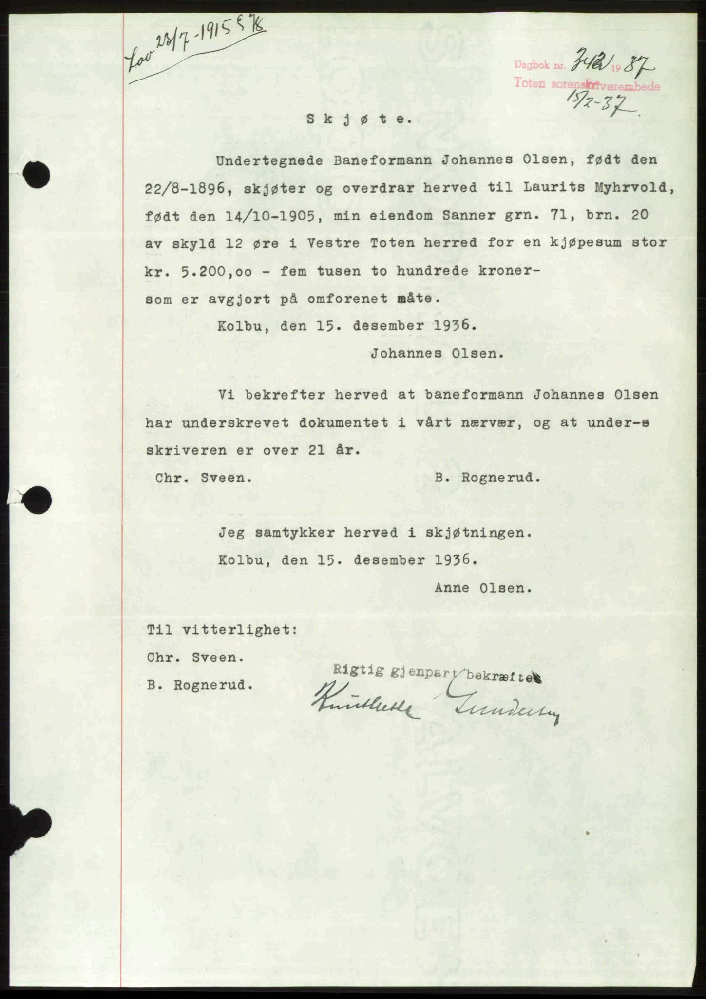 Toten tingrett, AV/SAH-TING-006/H/Hb/Hbc/L0002: Mortgage book no. Hbc-02, 1936-1937, Diary no: : 342/1937