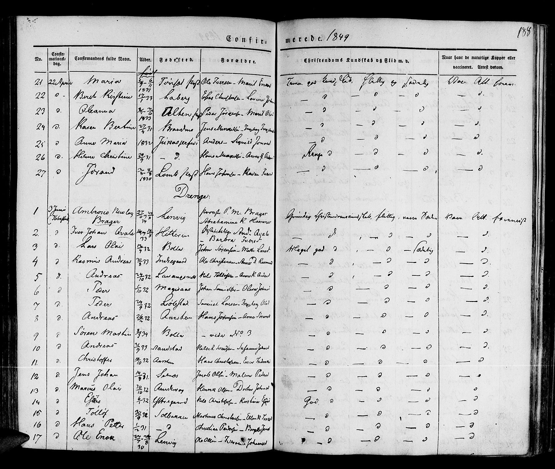 Ibestad sokneprestembete, SATØ/S-0077/H/Ha/Haa/L0006kirke: Parish register (official) no. 6, 1837-1850, p. 188