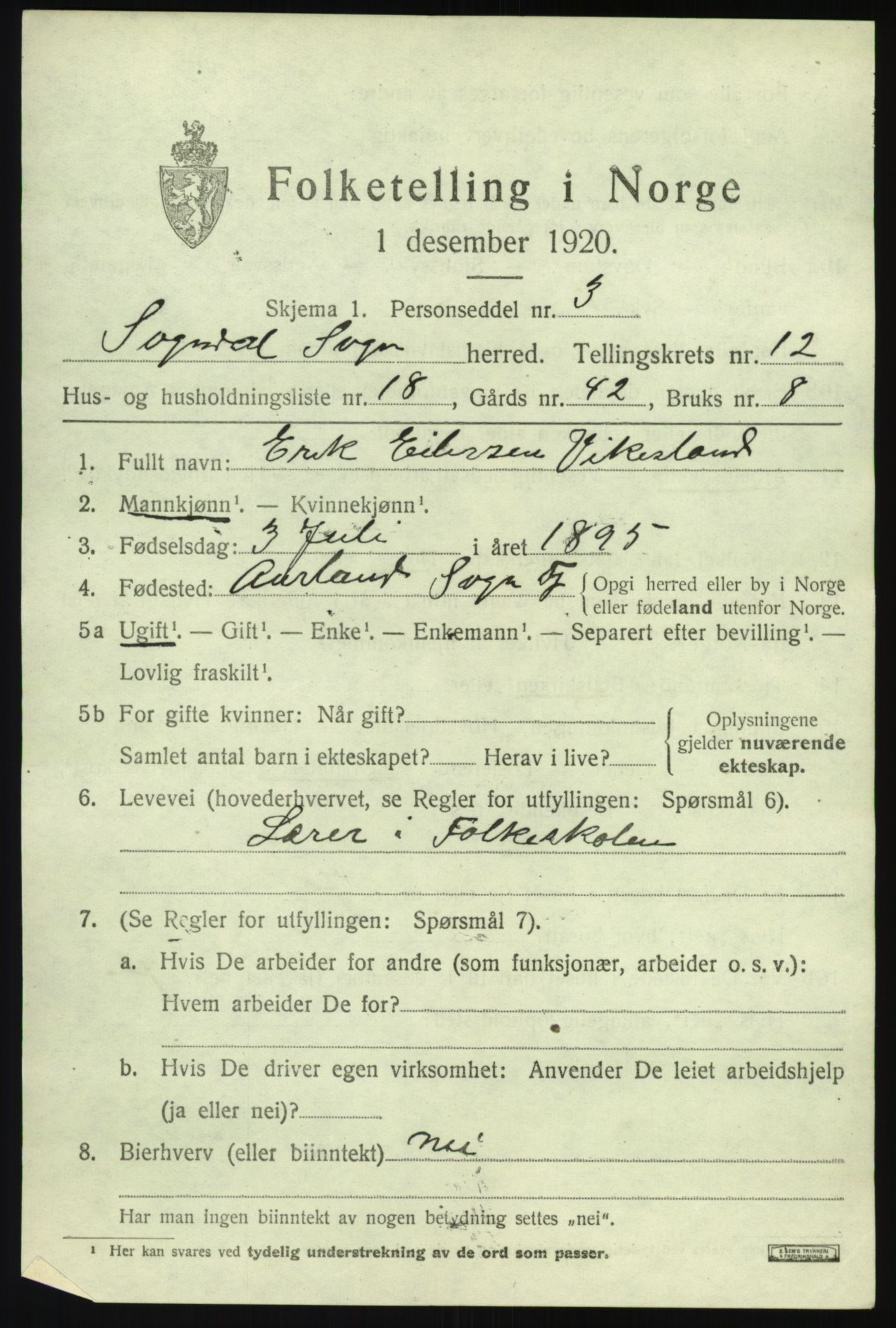 SAB, 1920 census for Sogndal, 1920, p. 5425