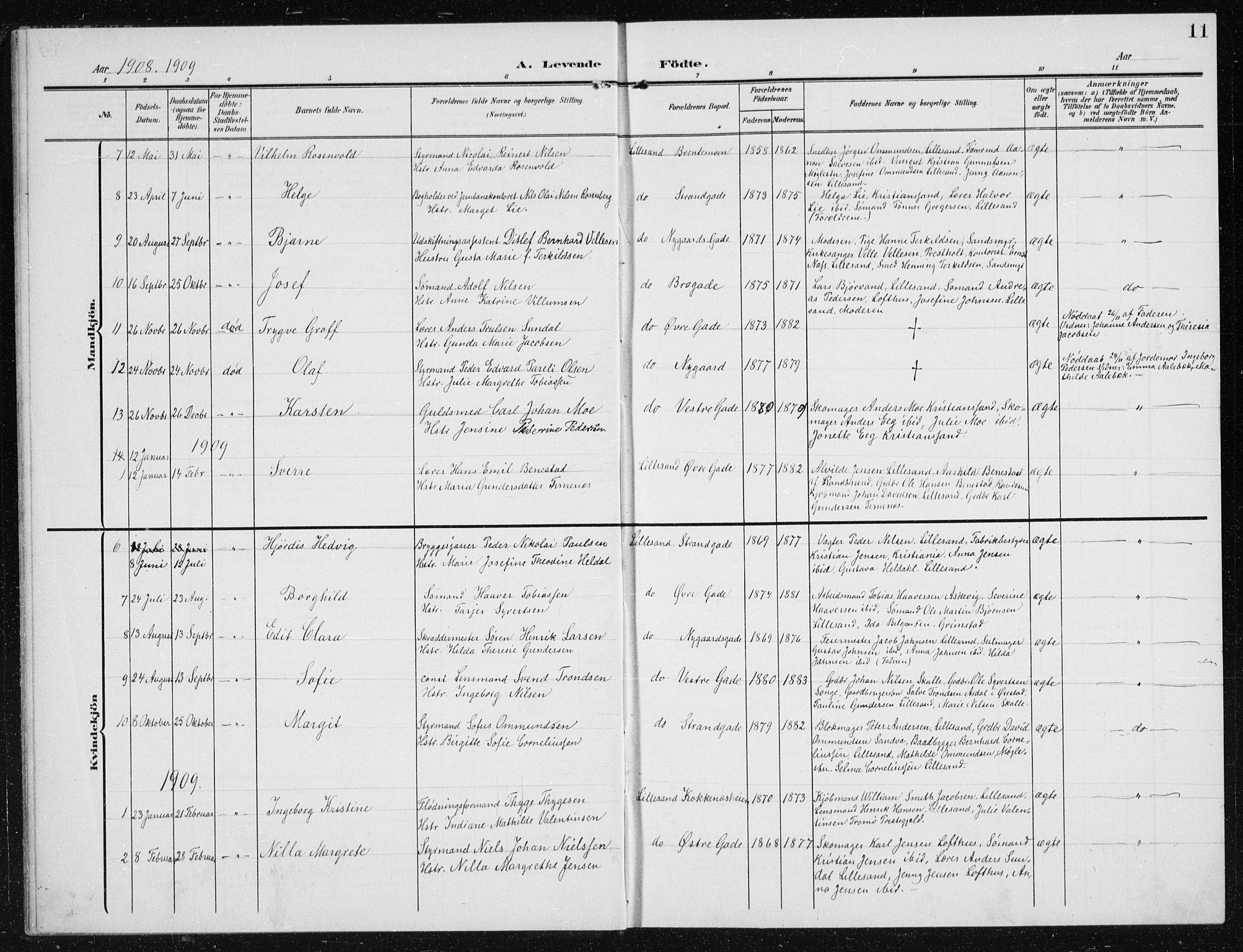 Vestre Moland sokneprestkontor, AV/SAK-1111-0046/F/Fb/Fba/L0002: Parish register (copy) no. B 2, 1904-1934, p. 11