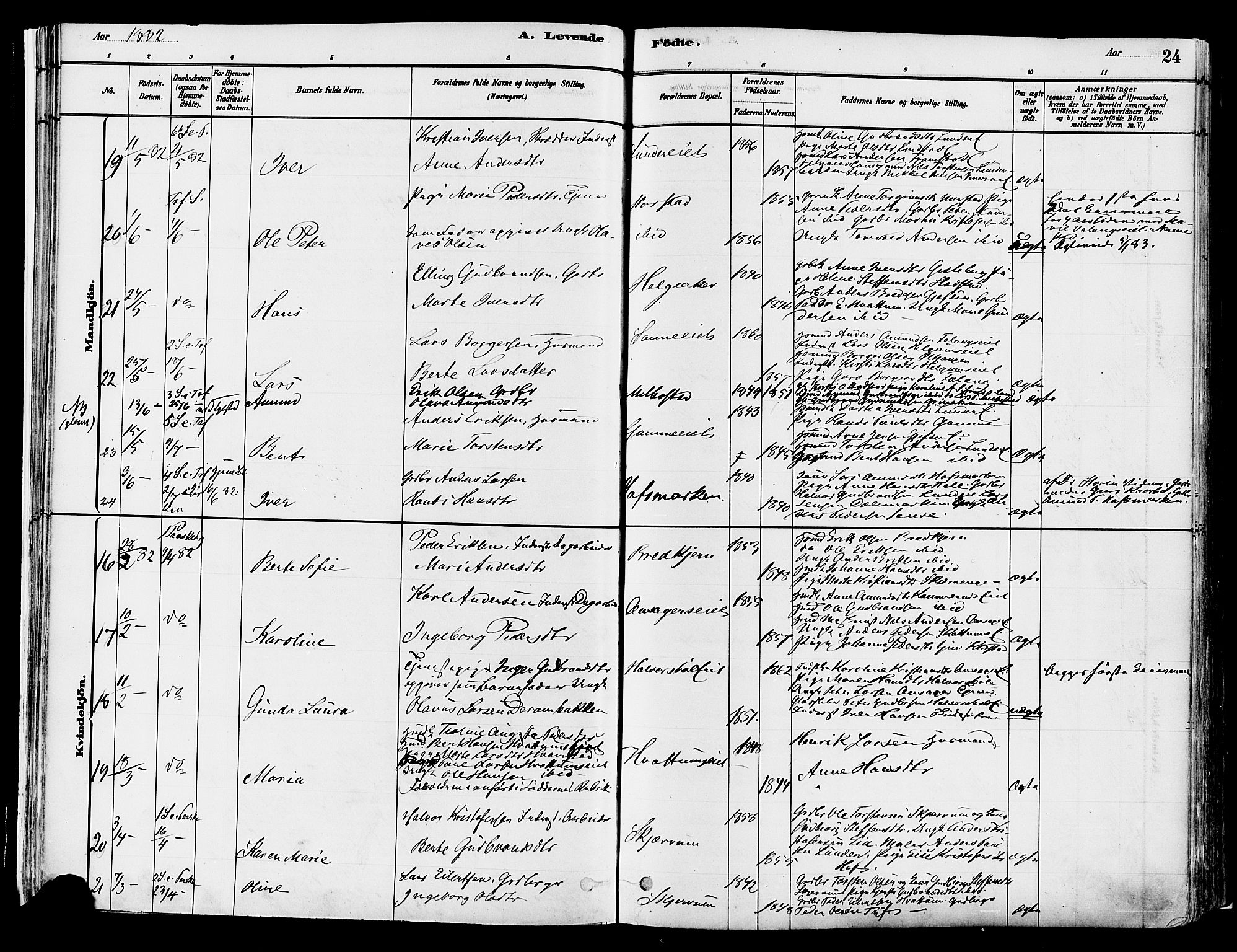 Gran prestekontor, AV/SAH-PREST-112/H/Ha/Haa/L0014: Parish register (official) no. 14, 1880-1889, p. 24