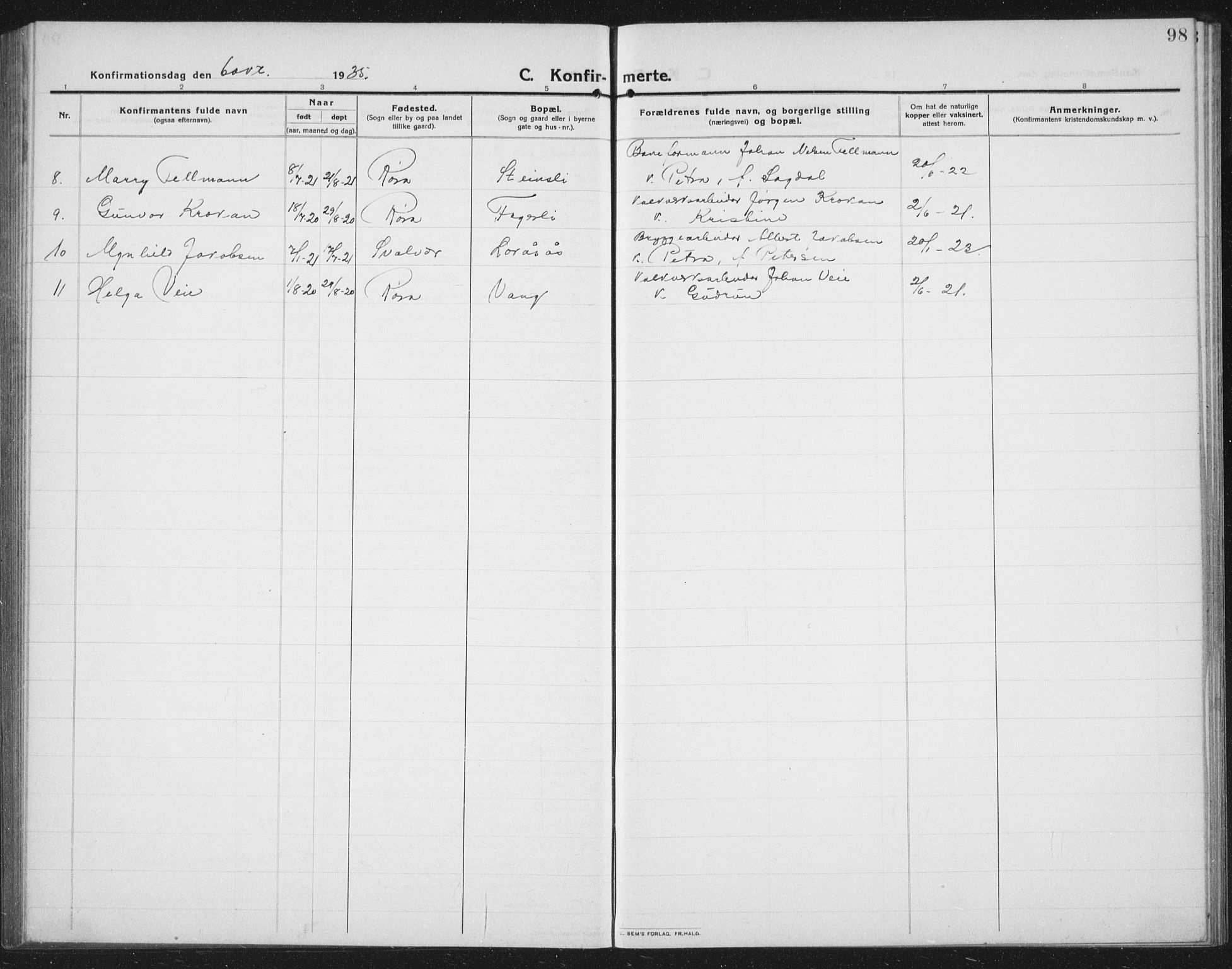 Ministerialprotokoller, klokkerbøker og fødselsregistre - Nord-Trøndelag, AV/SAT-A-1458/731/L0312: Parish register (copy) no. 731C03, 1911-1935, p. 98