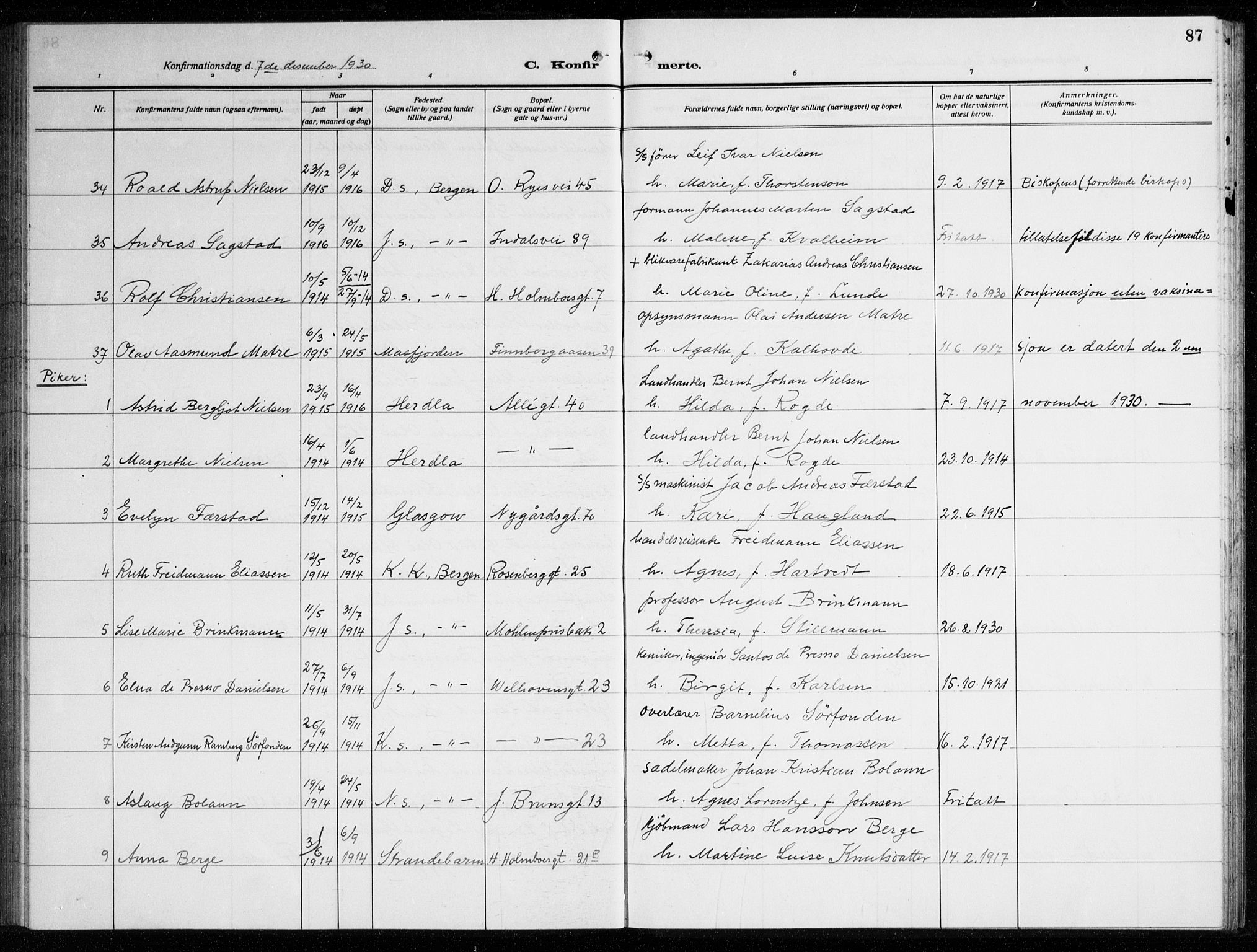 Johanneskirken sokneprestembete, AV/SAB-A-76001/H/Haa/L0010: Parish register (official) no. C 3, 1925-1935, p. 87