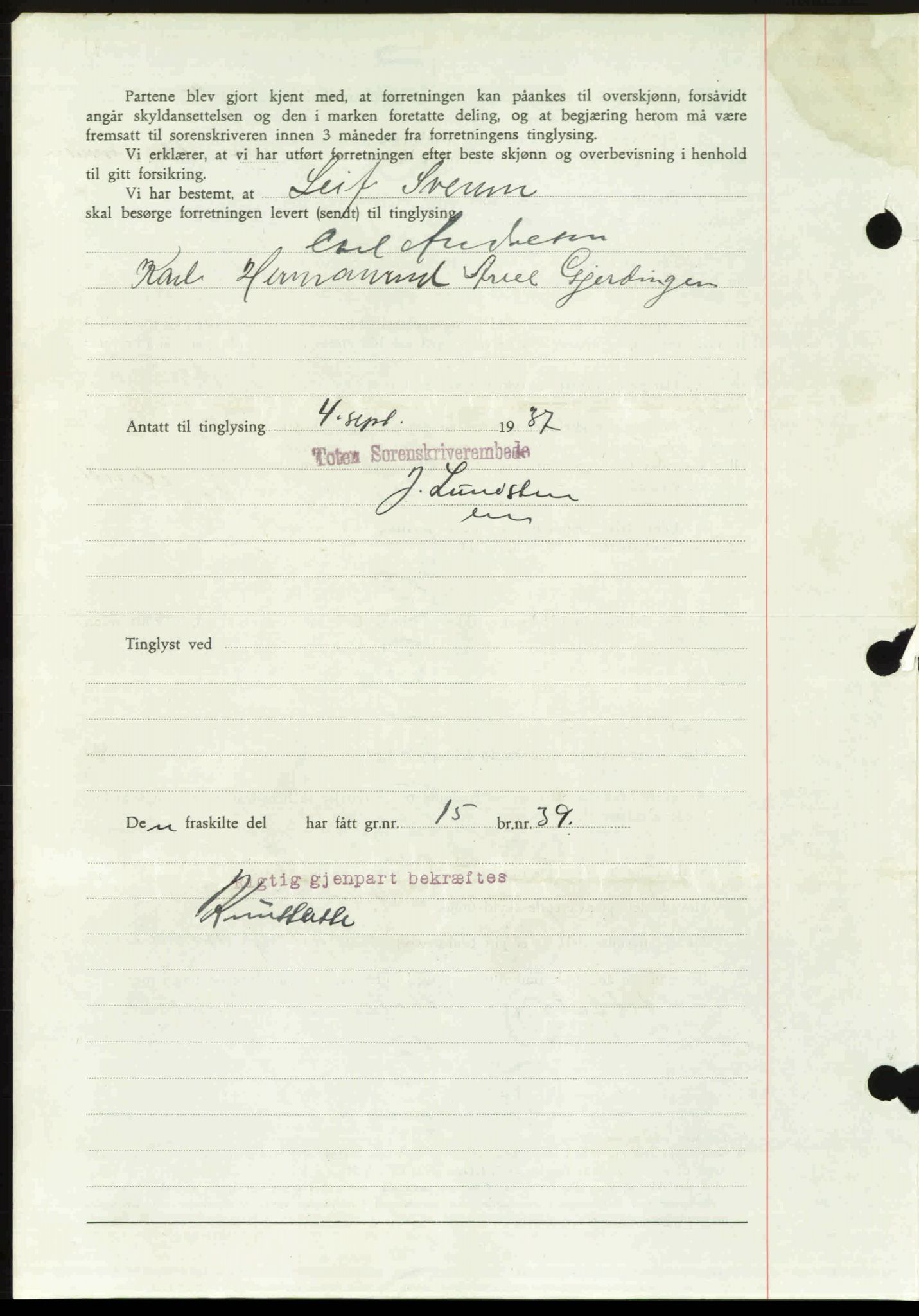 Toten tingrett, SAH/TING-006/H/Hb/Hbc/L0003: Mortgage book no. Hbc-03, 1937-1938, Diary no: : 2098/1937