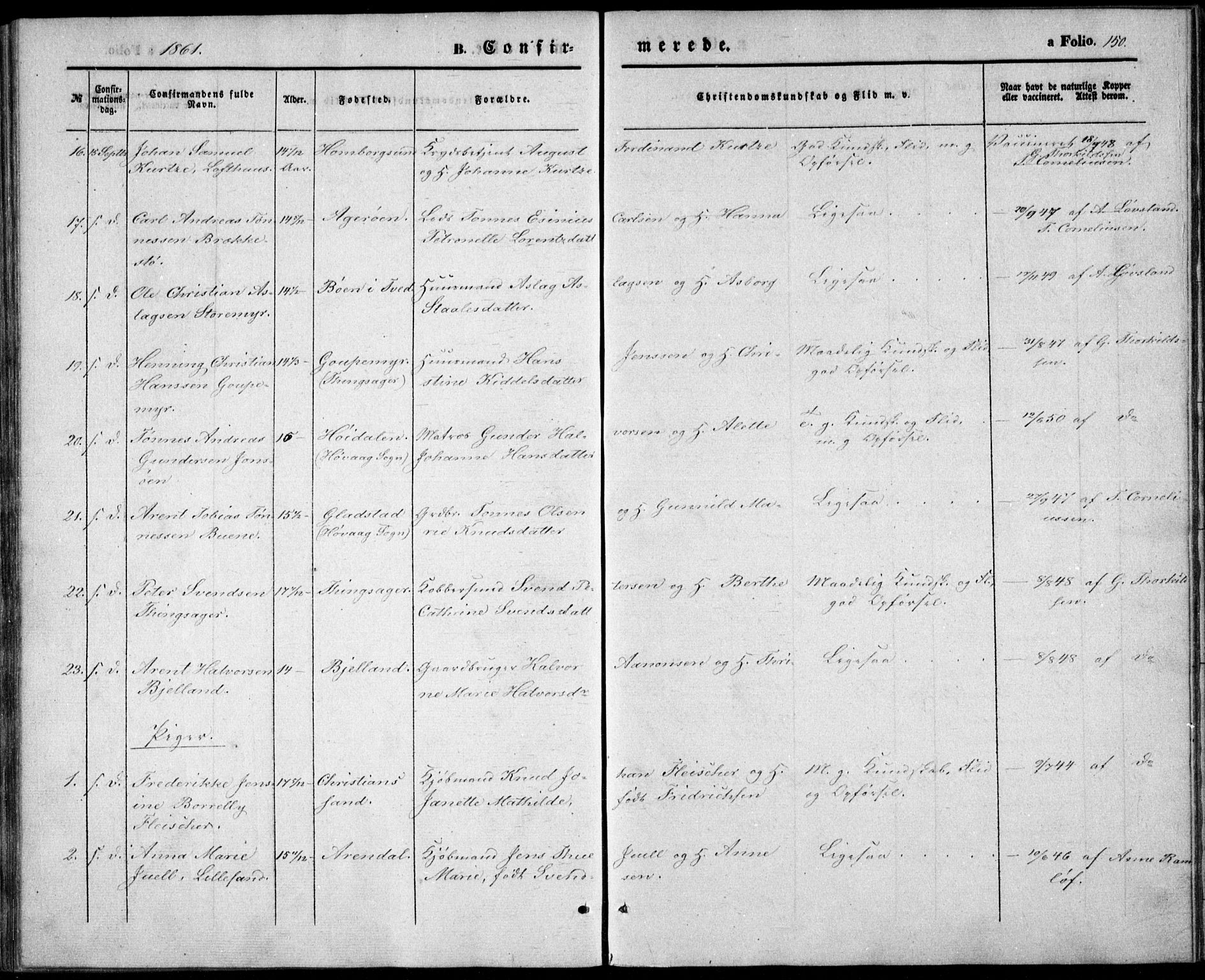 Vestre Moland sokneprestkontor, AV/SAK-1111-0046/F/Fb/Fbb/L0003: Parish register (copy) no. B 3, 1851-1861, p. 150