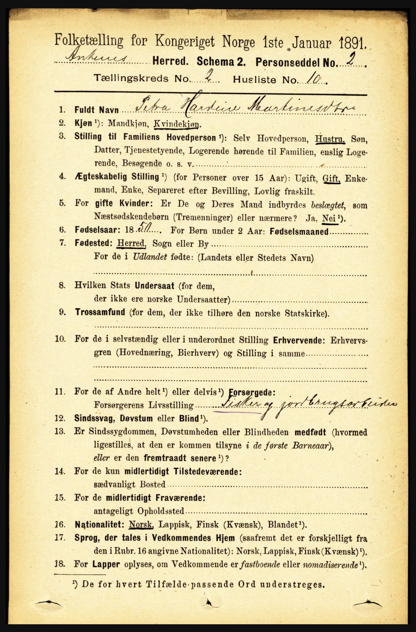 RA, 1891 census for 1855 Ankenes, 1891, p. 909