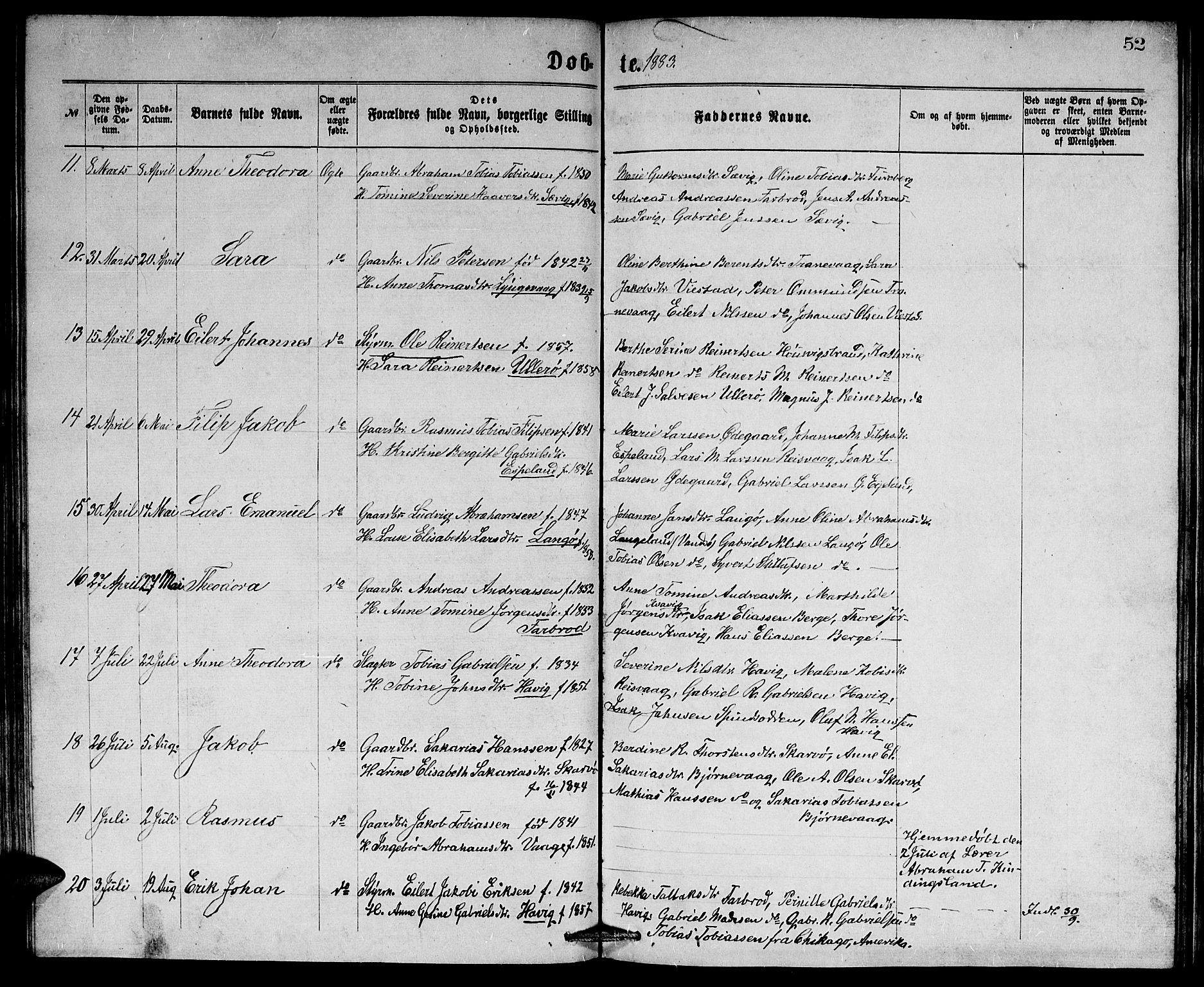 Herad sokneprestkontor, AV/SAK-1111-0018/F/Fb/Fbb/L0003: Parish register (copy) no. B 3, 1872-1889, p. 52