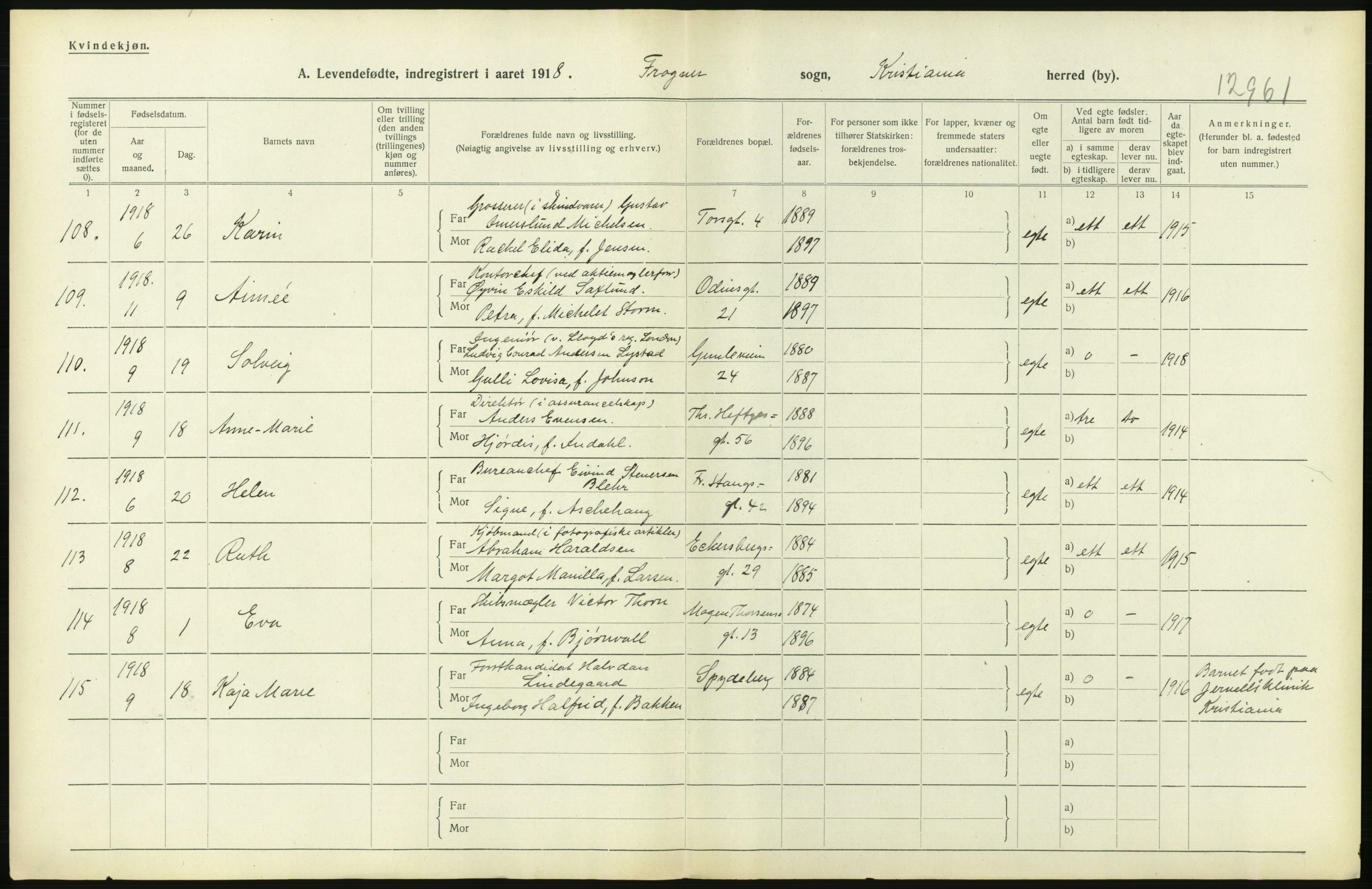 Statistisk sentralbyrå, Sosiodemografiske emner, Befolkning, RA/S-2228/D/Df/Dfb/Dfbh/L0007: Kristiania: Levendefødte menn og kvinner., 1918, p. 494