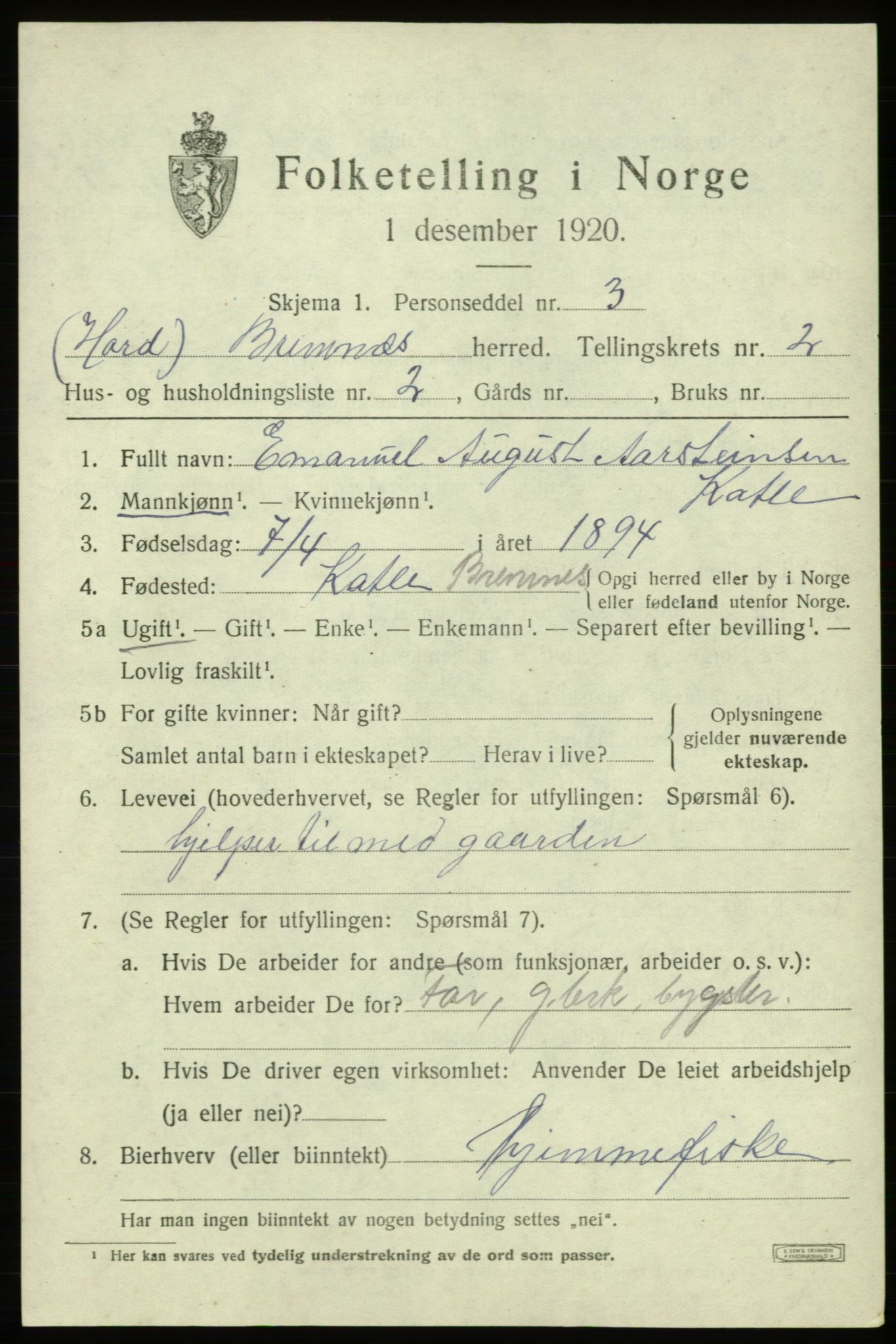 SAB, 1920 census for Bremnes, 1920, p. 1322