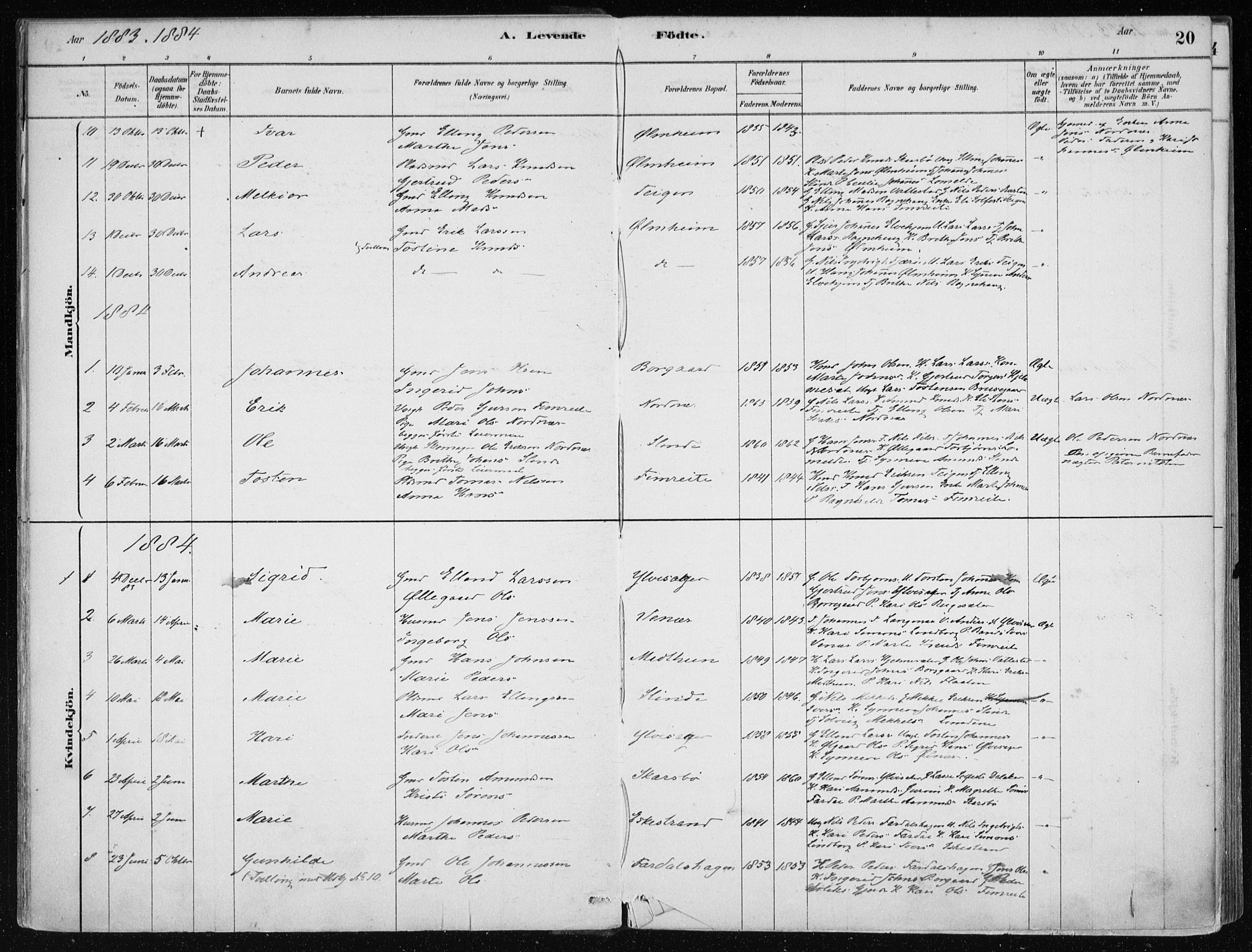 Sogndal sokneprestembete, AV/SAB-A-81301/H/Haa/Haac/L0001: Parish register (official) no. C 1, 1878-1907, p. 20