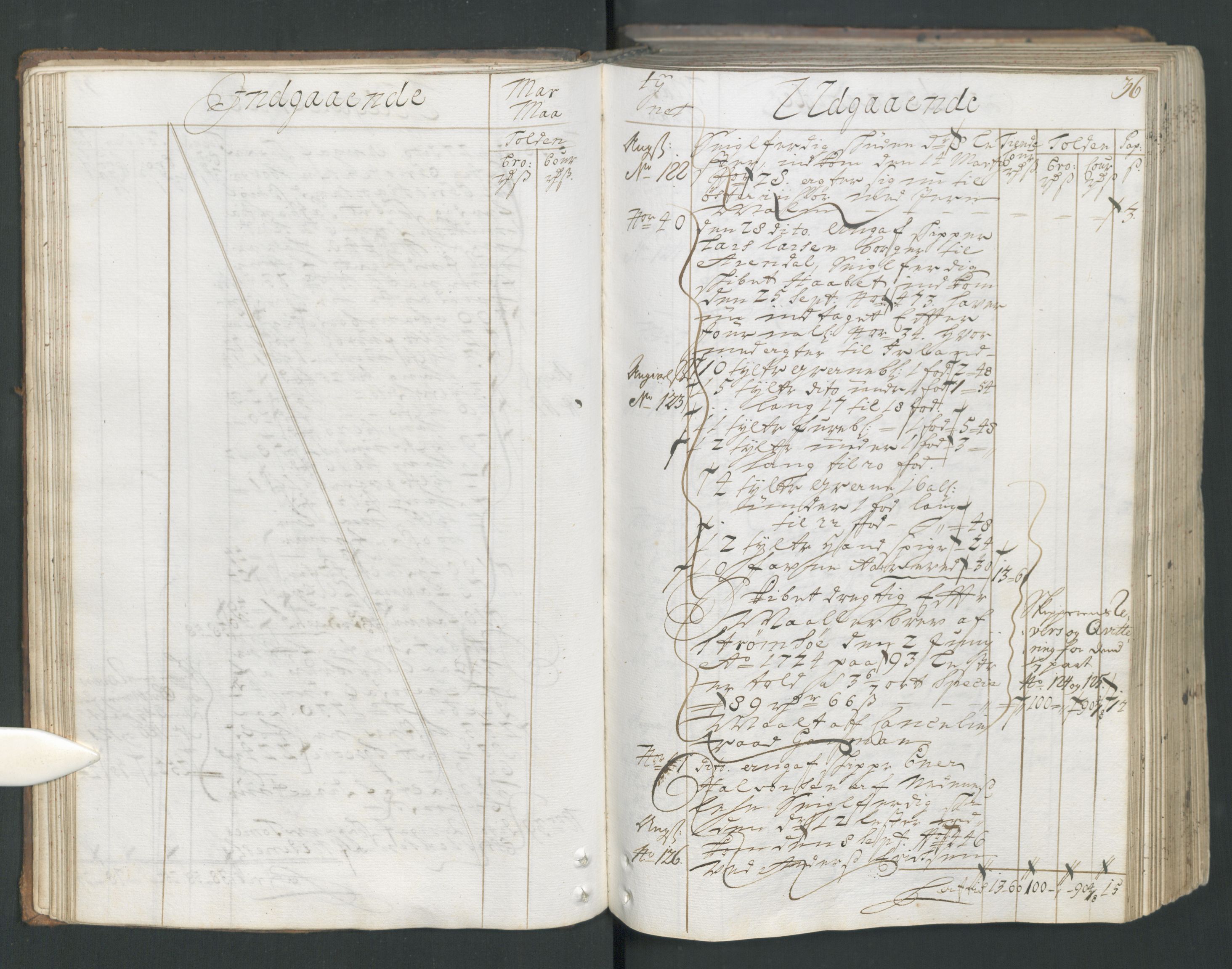 Generaltollkammeret, tollregnskaper, RA/EA-5490/R15/L0013/0001: Tollregnskaper Arendal / Hovedtollbok, 1733, p. 35b-36a