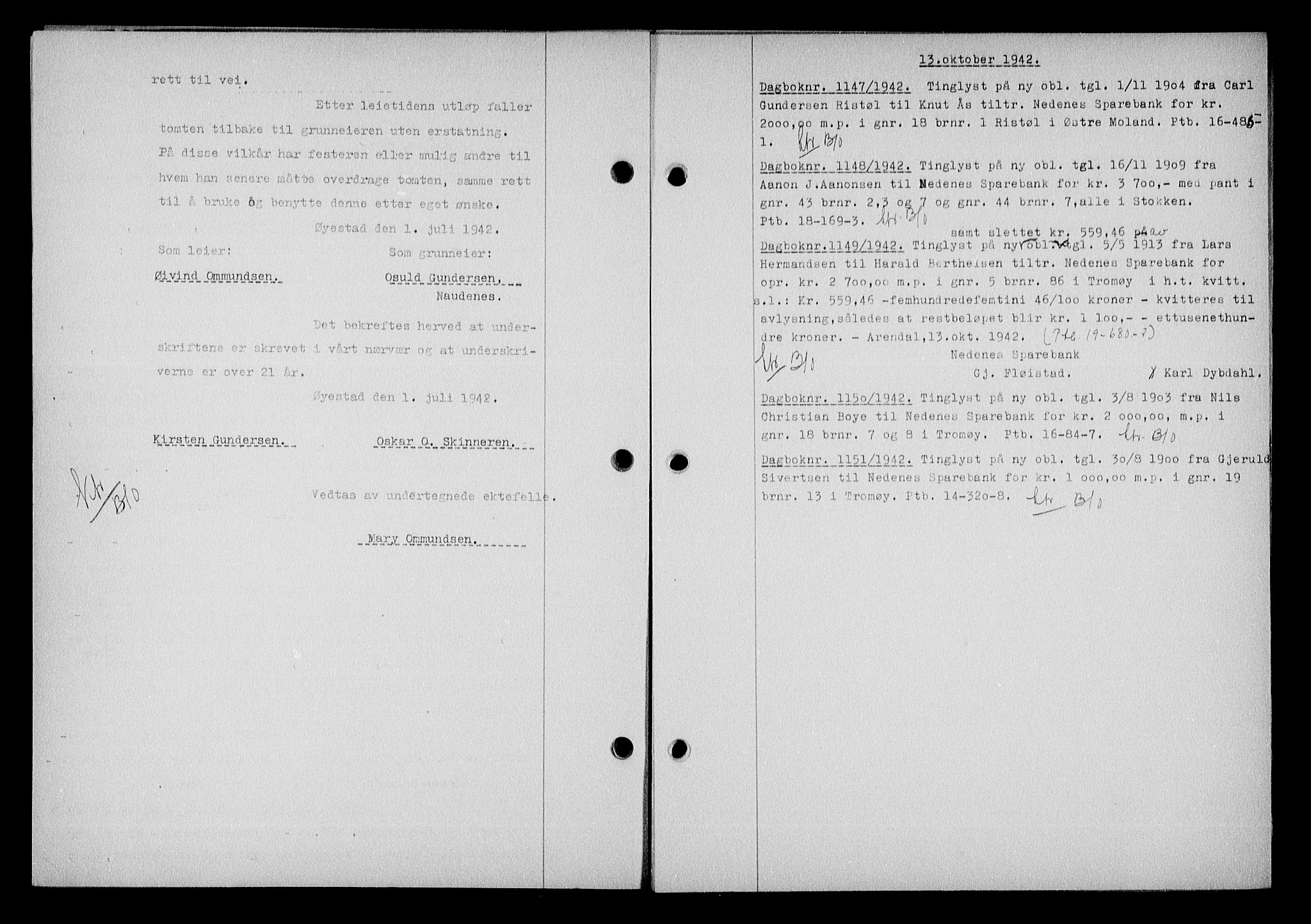 Nedenes sorenskriveri, SAK/1221-0006/G/Gb/Gba/L0050: Mortgage book no. A-IV, 1942-1943, Diary no: : 1147/1942