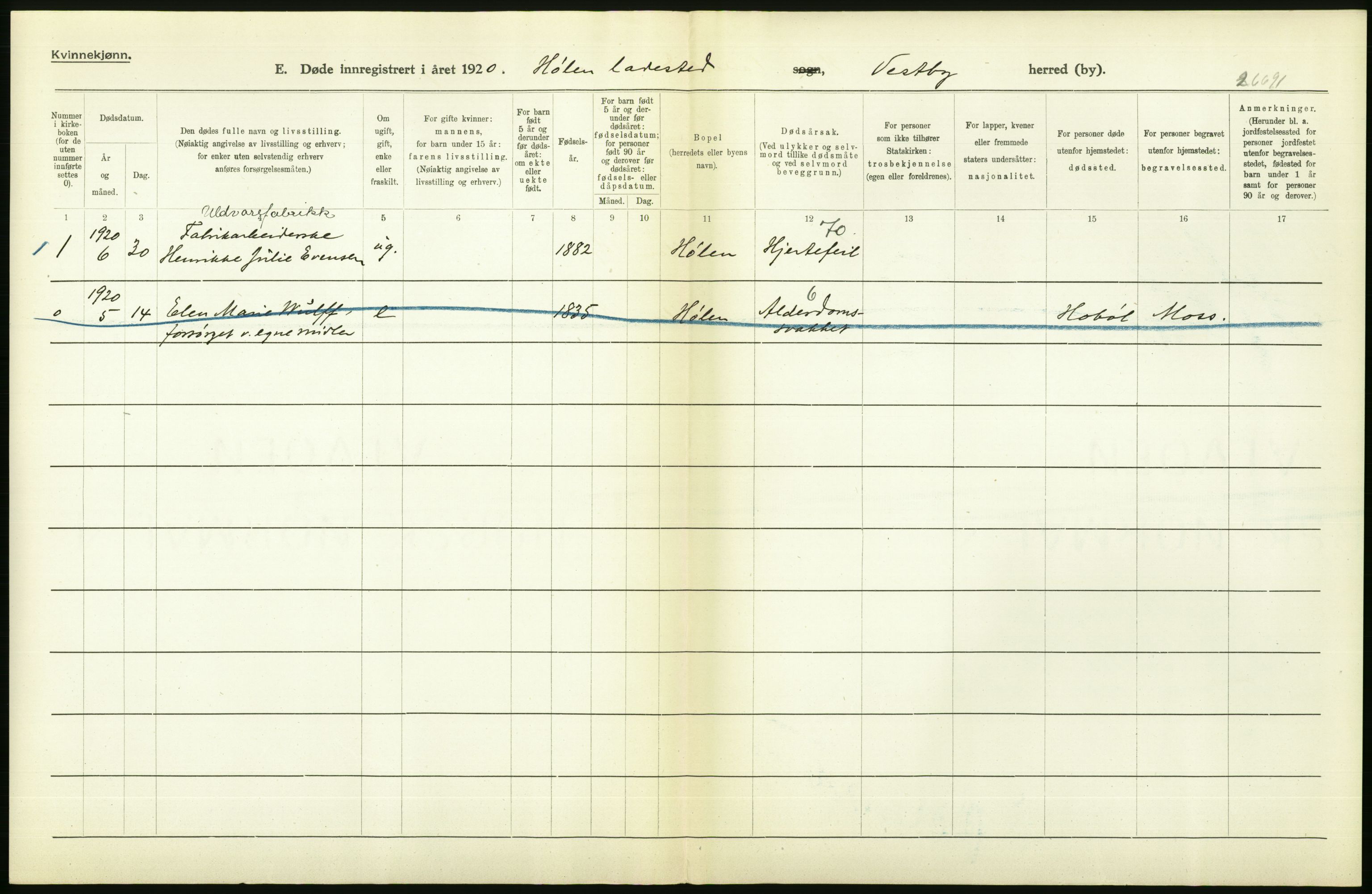 Statistisk sentralbyrå, Sosiodemografiske emner, Befolkning, AV/RA-S-2228/D/Df/Dfb/Dfbj/L0007: Akershus fylke: Døde. Bygder og byer., 1920, p. 498