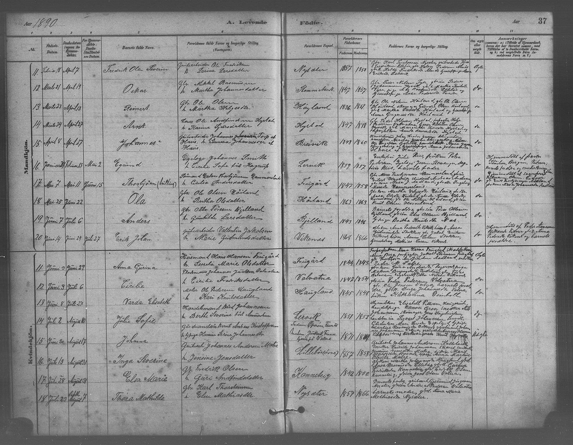 Stord sokneprestembete, SAB/A-78201/H/Hab: Parish register (copy) no. A 2, 1879-1909, p. 37