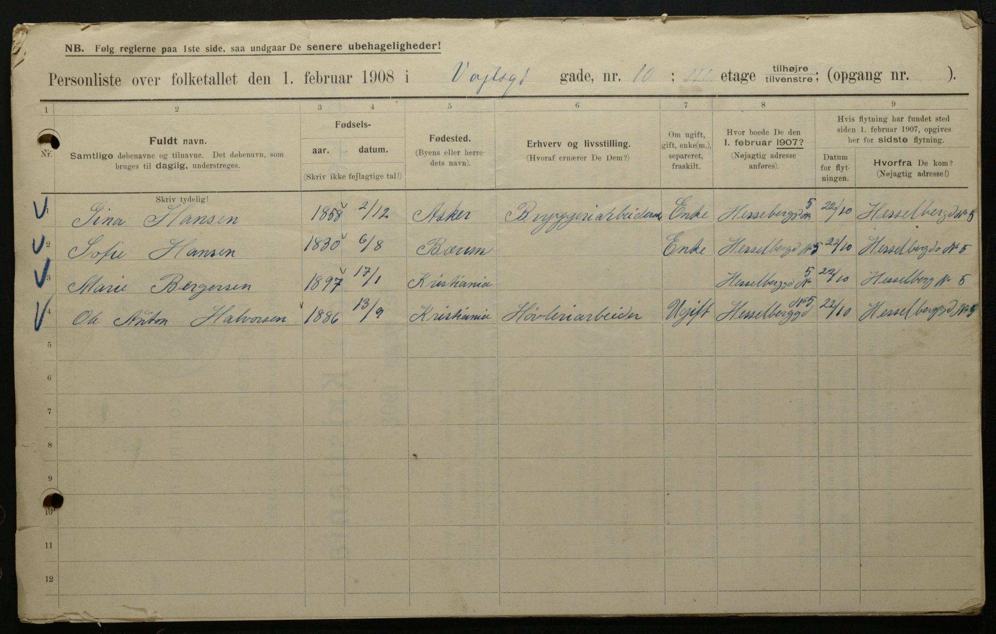 OBA, Municipal Census 1908 for Kristiania, 1908, p. 111531