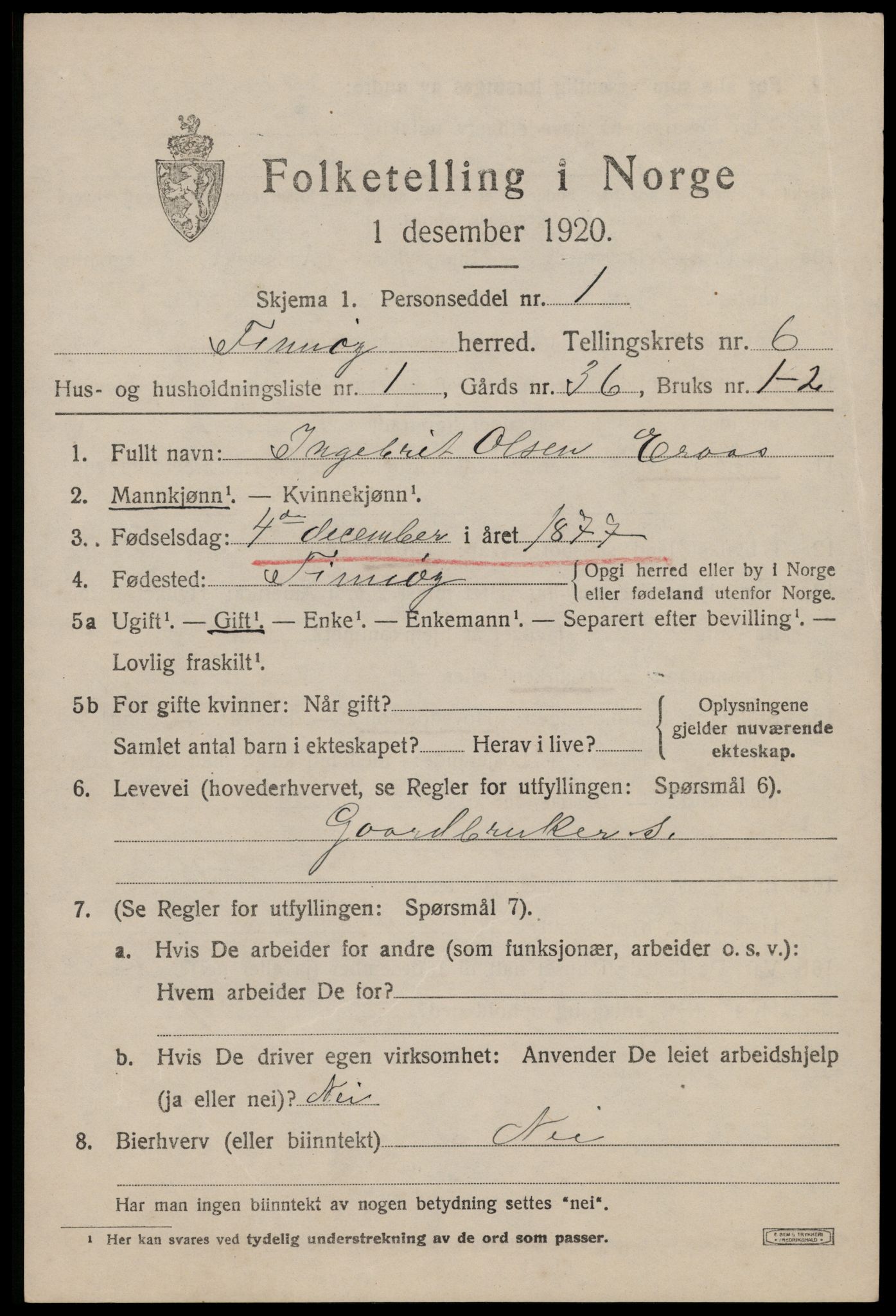 SAST, 1920 census for Finnøy, 1920, p. 3262