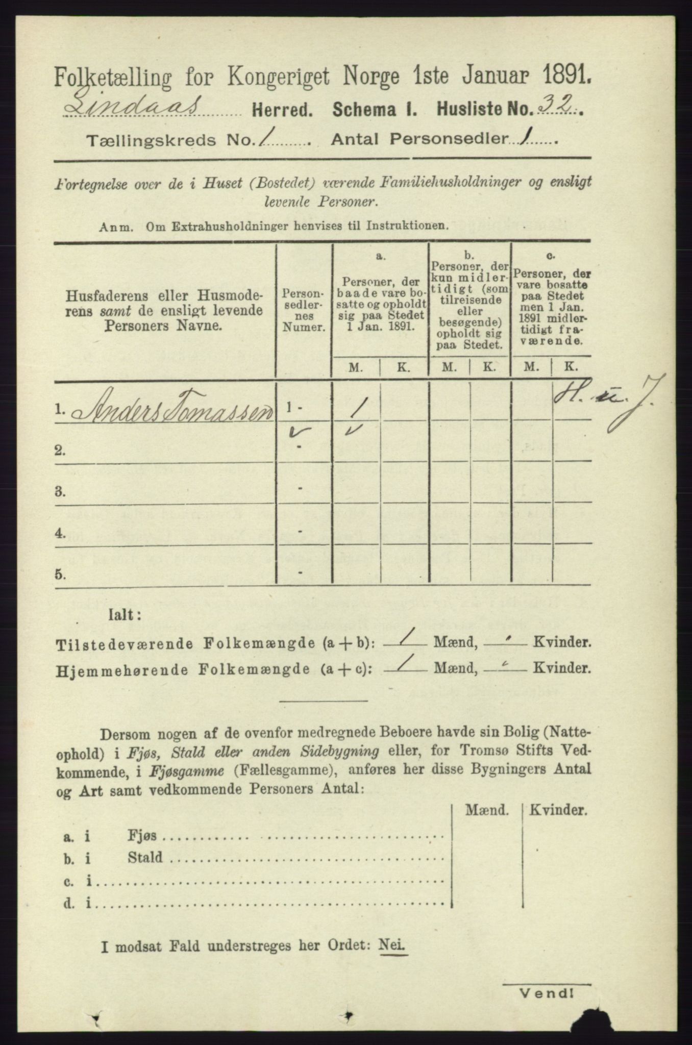 RA, 1891 census for 1263 Lindås, 1891, p. 78