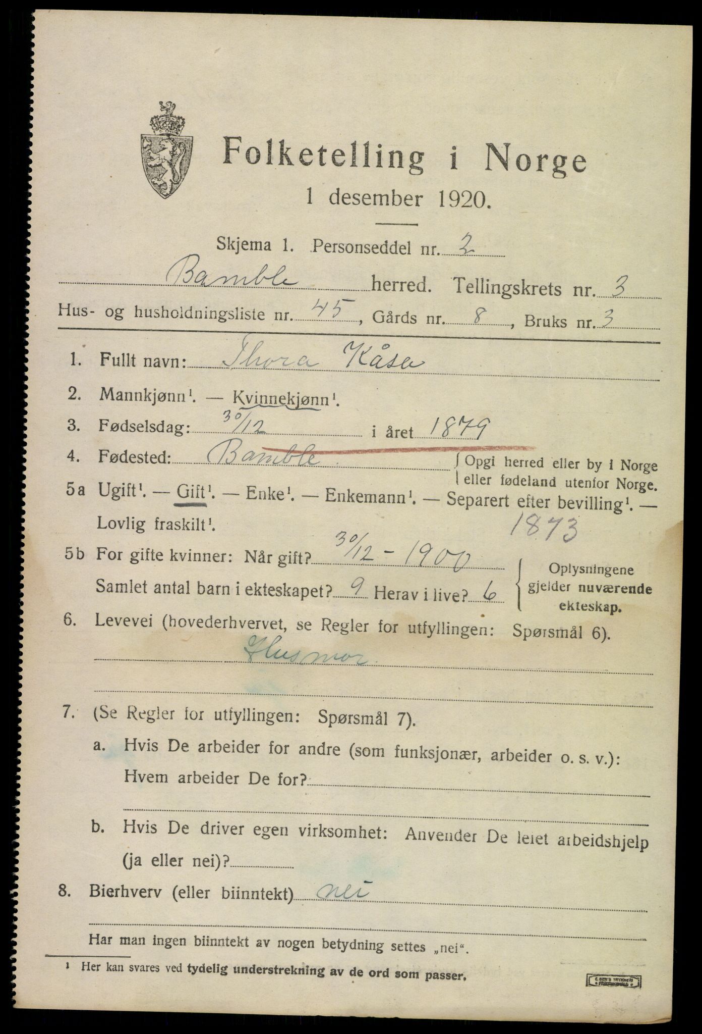 SAKO, 1920 census for Bamble, 1920, p. 4285