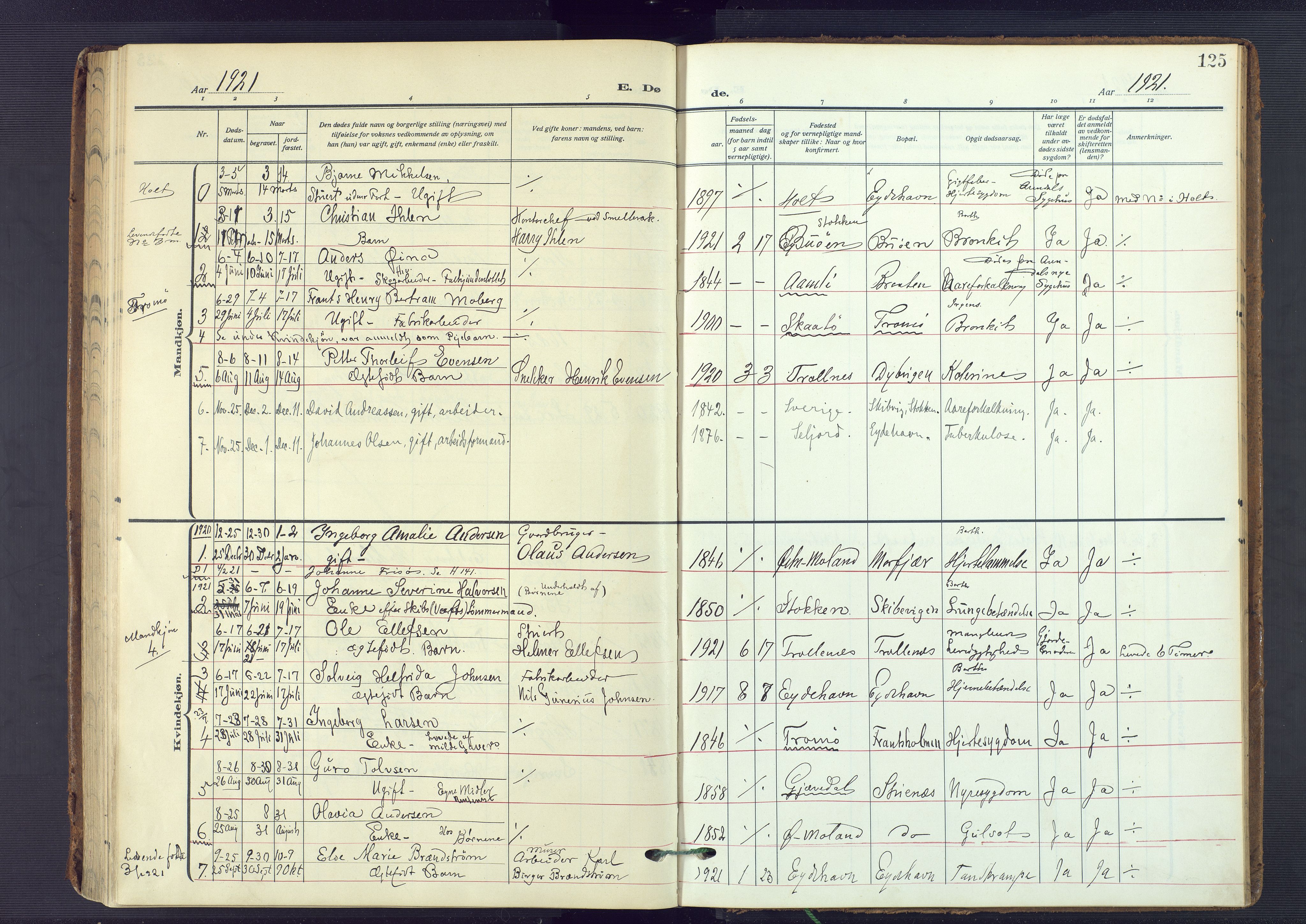 Austre Moland sokneprestkontor, SAK/1111-0001/F/Fa/Fab/L0003: Parish register (official) no. A 3, 1914-1927, p. 125