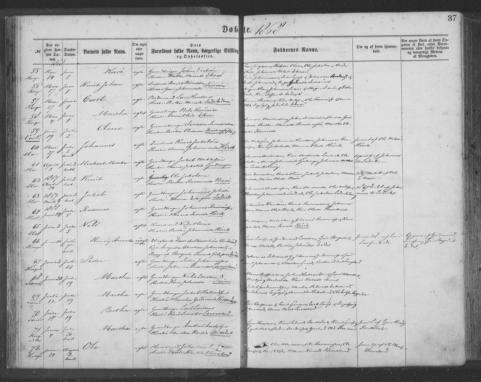 Hosanger sokneprestembete, AV/SAB-A-75801/H/Haa: Parish register (official) no. A 9, 1864-1876, p. 37