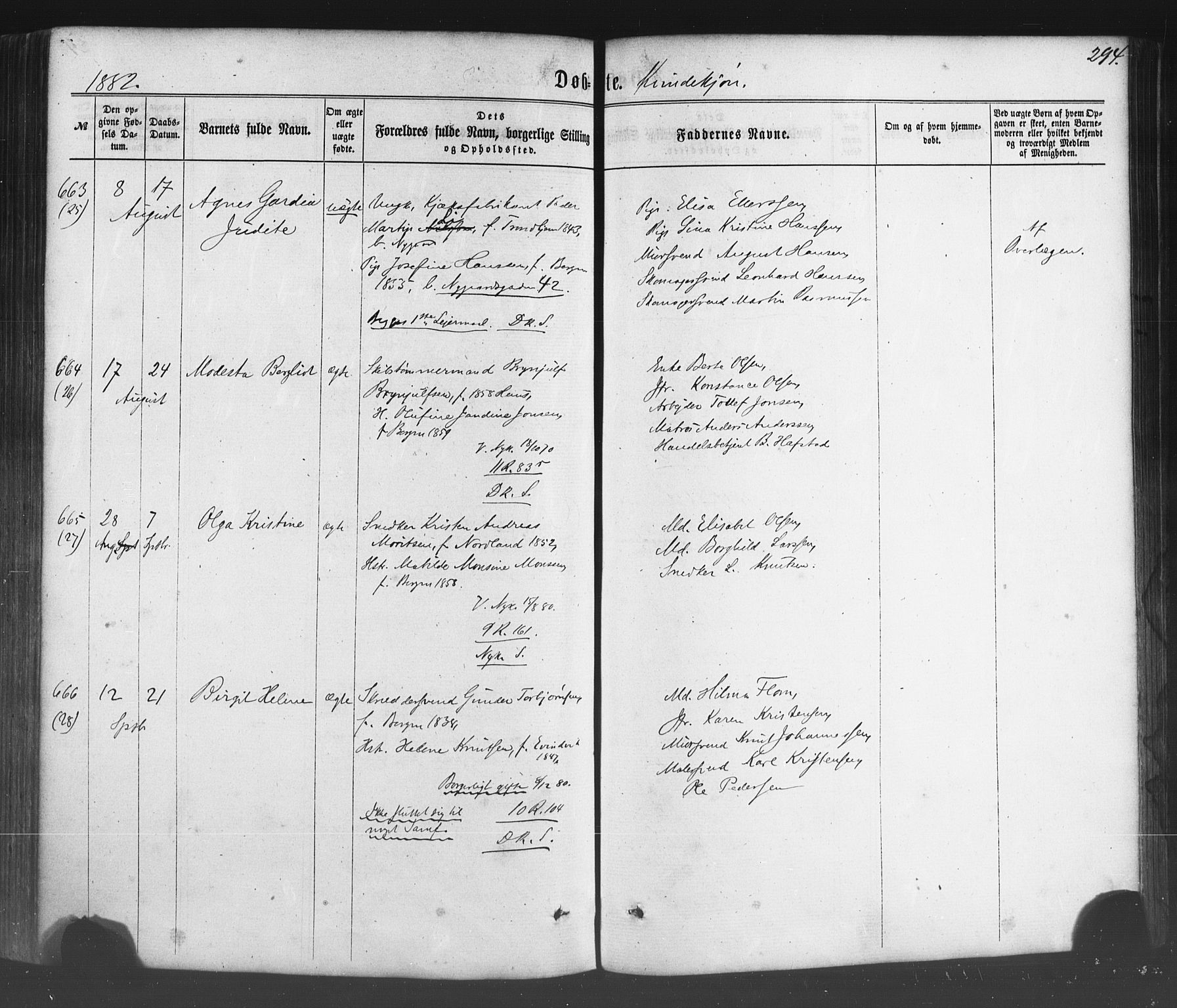 Fødselsstiftelsens sokneprestembete*, SAB/-: Parish register (official) no. A 1, 1863-1883, p. 294