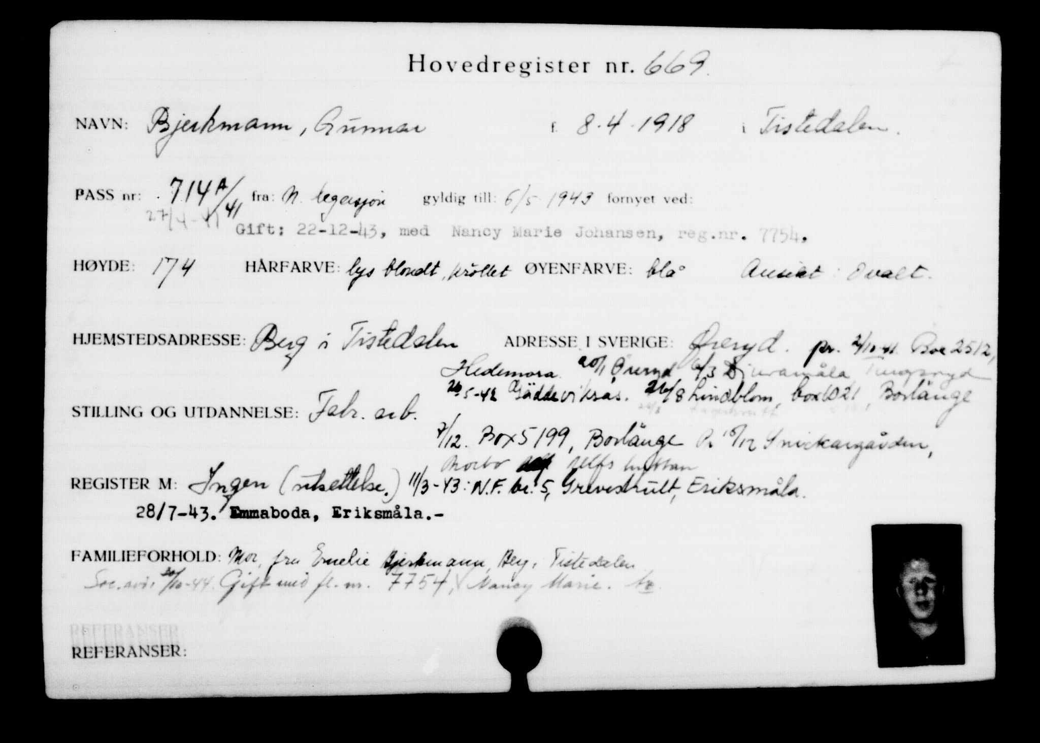 Utenriksstasjonene, Legasjonen i Stockholm, Flyktningkontoret, AV/RA-S-6753/V/Va/L0001: Kjesäterkartoteket, flyktninger med registreringsnr. 1-1000, 1940-1945, p. 1046