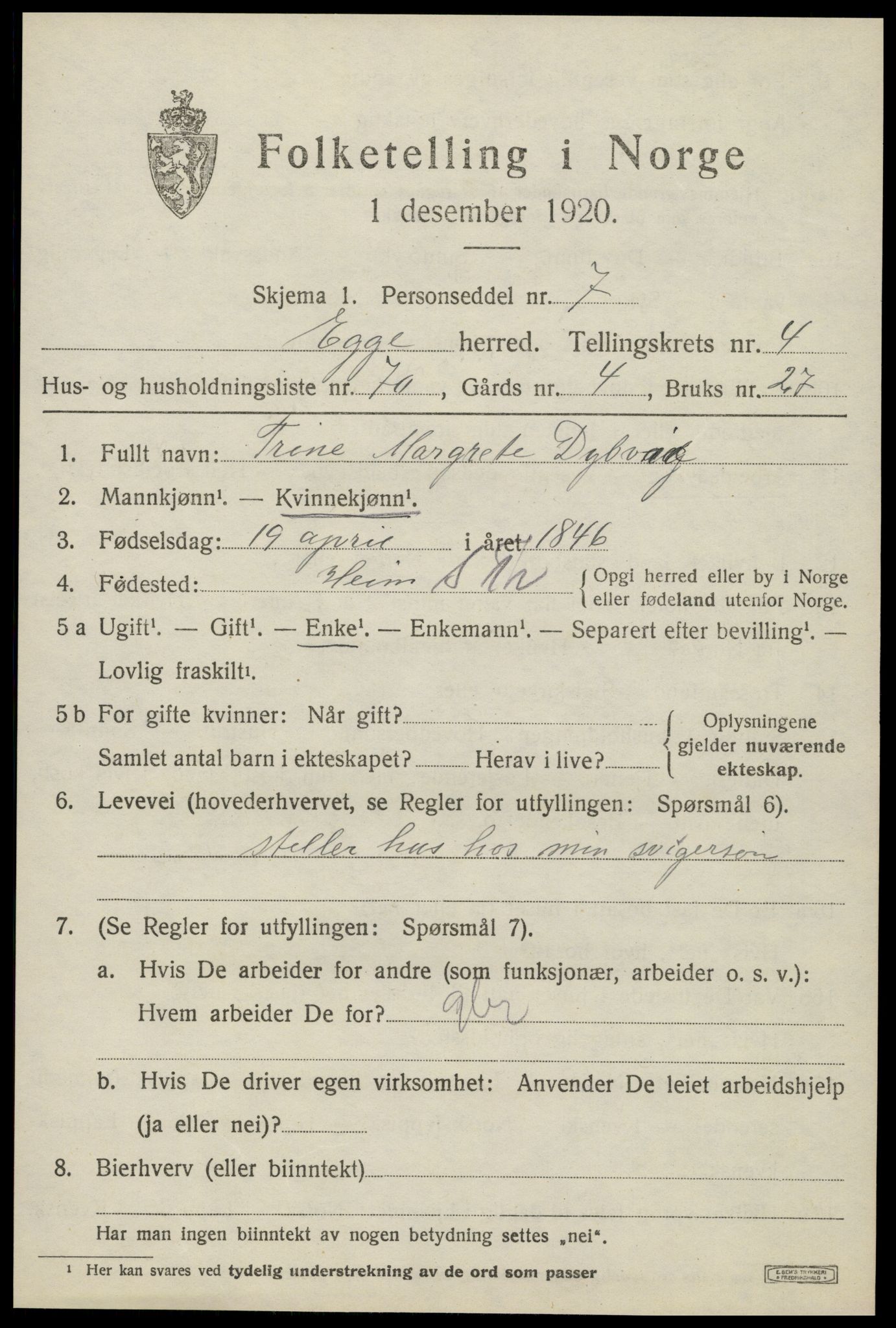 SAT, 1920 census for Egge, 1920, p. 3330