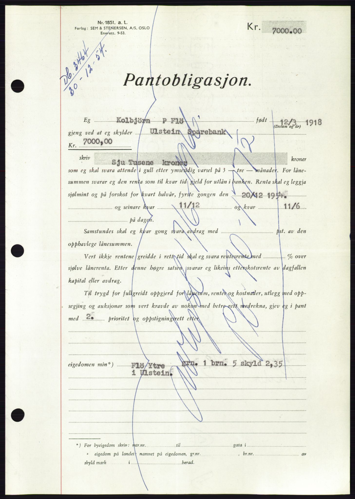 Søre Sunnmøre sorenskriveri, AV/SAT-A-4122/1/2/2C/L0126: Mortgage book no. 14B, 1954-1955, Diary no: : 3464/1954