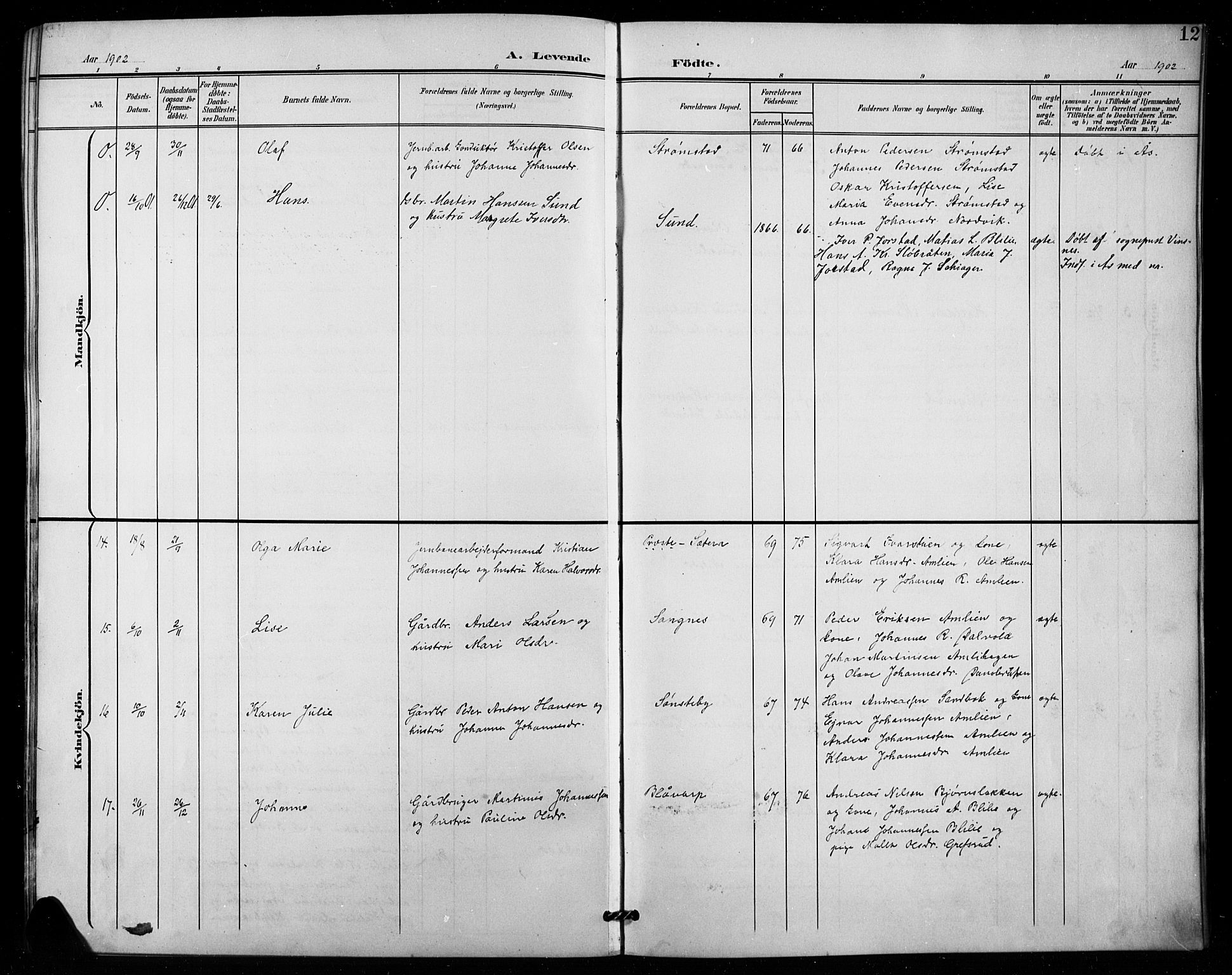Vestre Toten prestekontor, SAH/PREST-108/H/Ha/Hab/L0016: Parish register (copy) no. 16, 1901-1915, p. 12