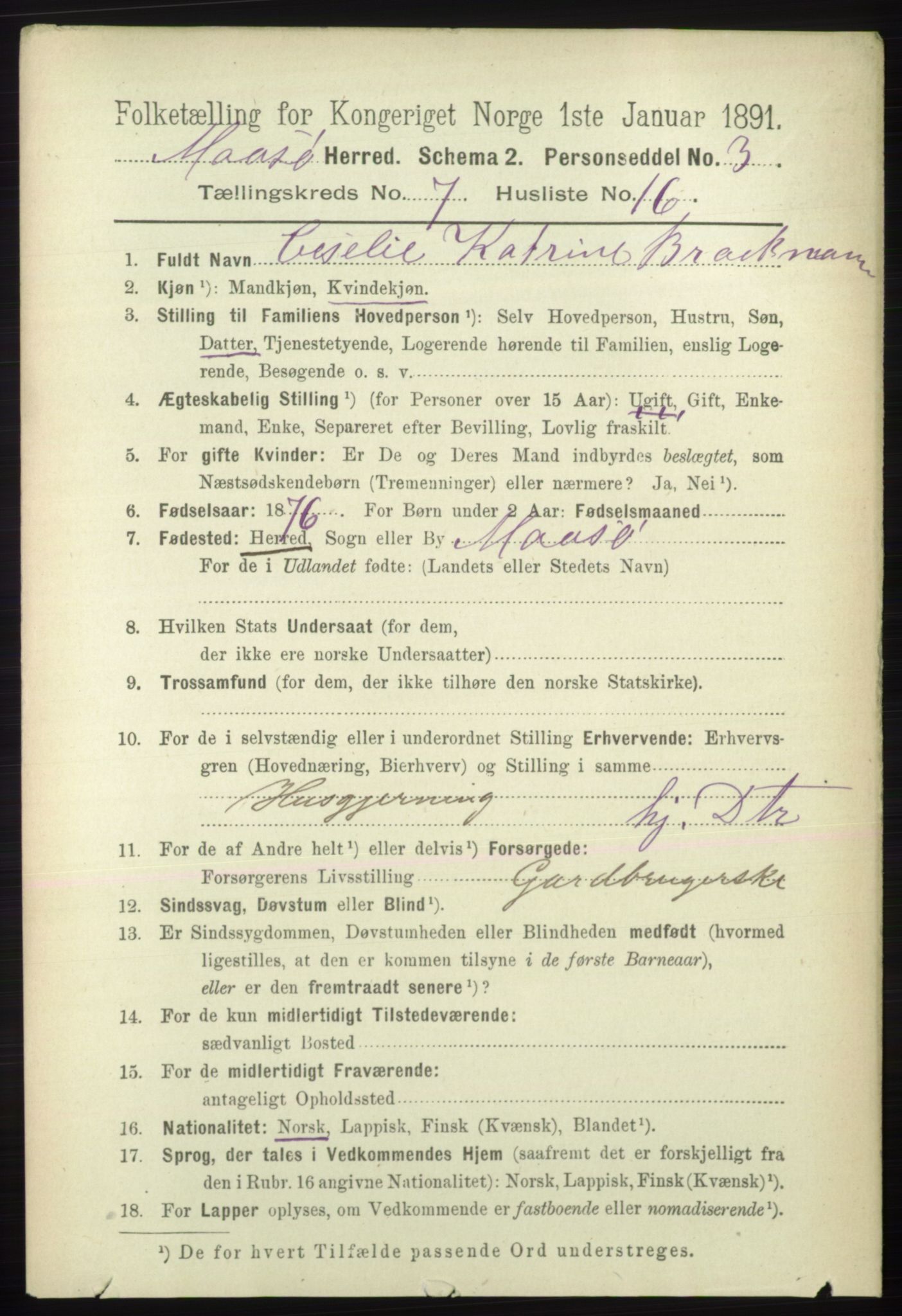 RA, 1891 census for 2018 Måsøy, 1891, p. 1494